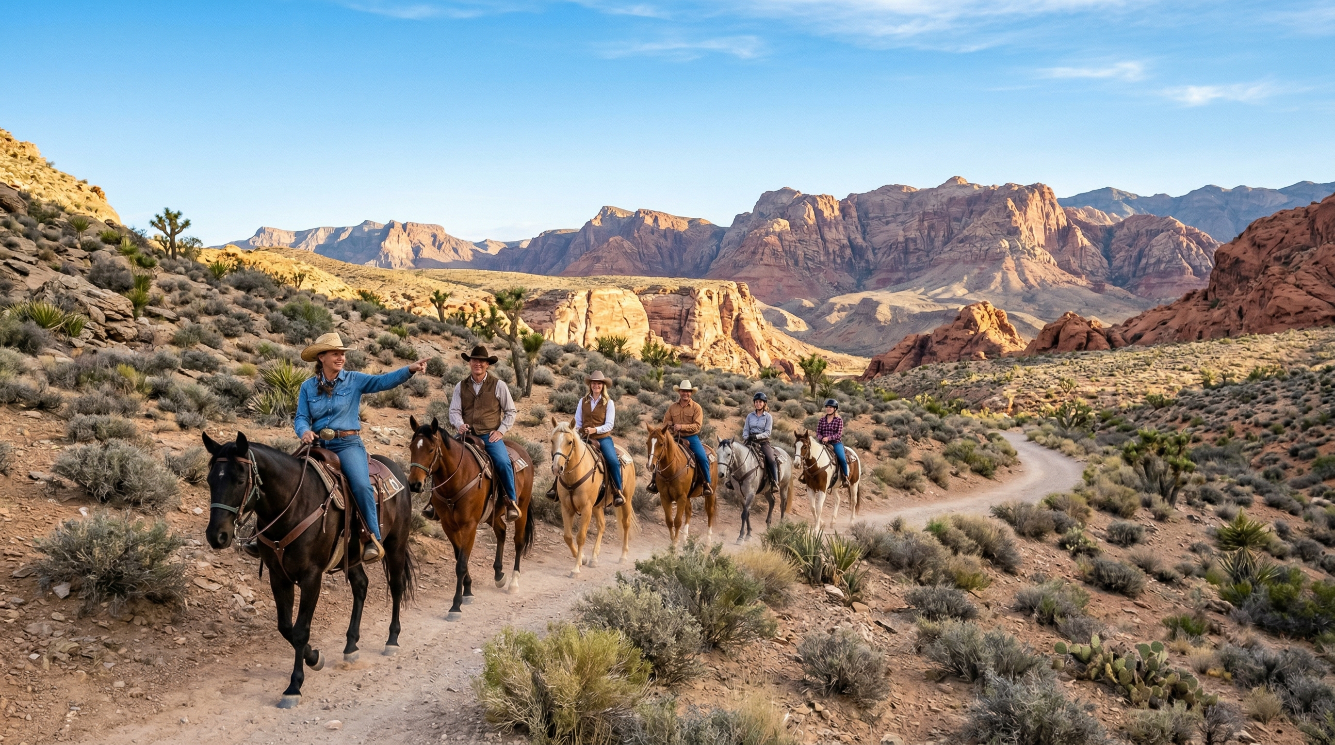 Group of riders on horseback through Nevada desert canyon landscape near Las Vegas