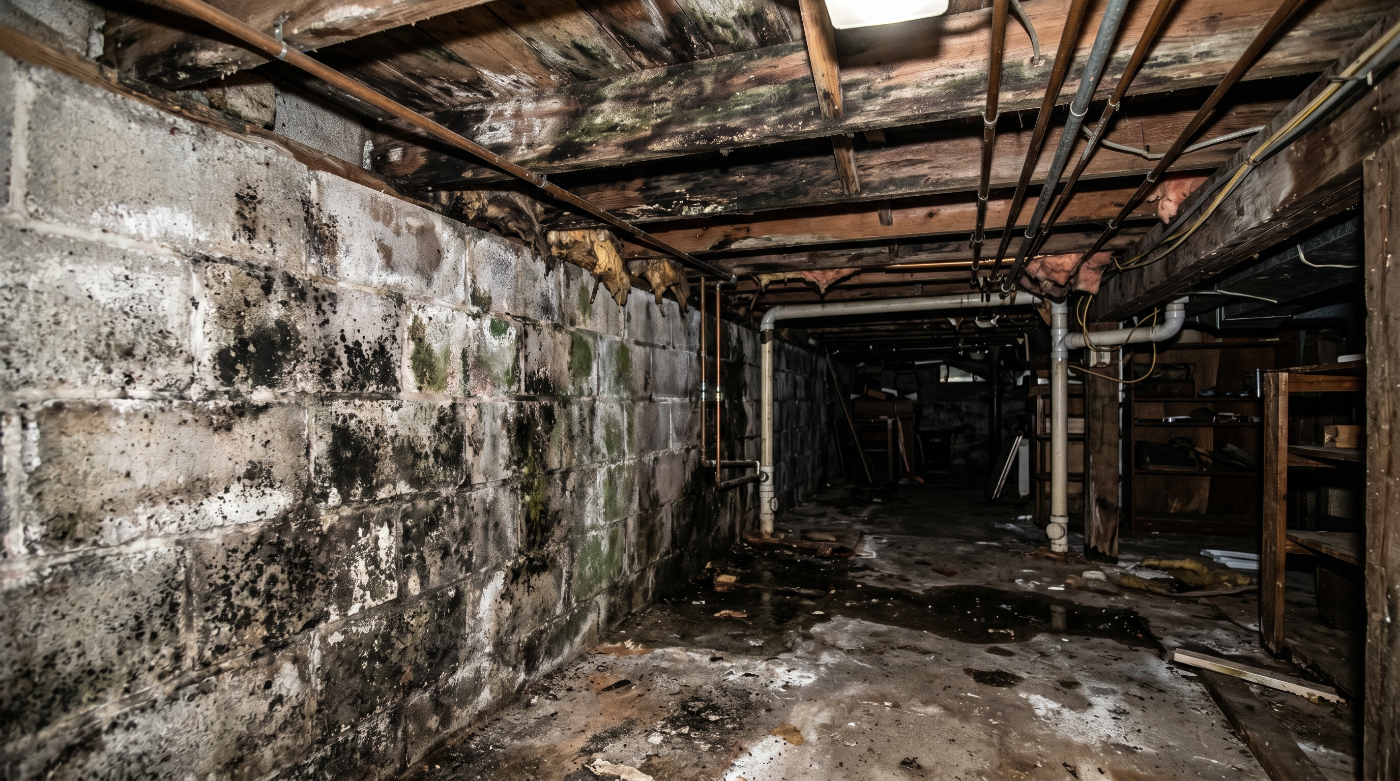 Unfinished basement with visible mold on concrete block walls and floor joists