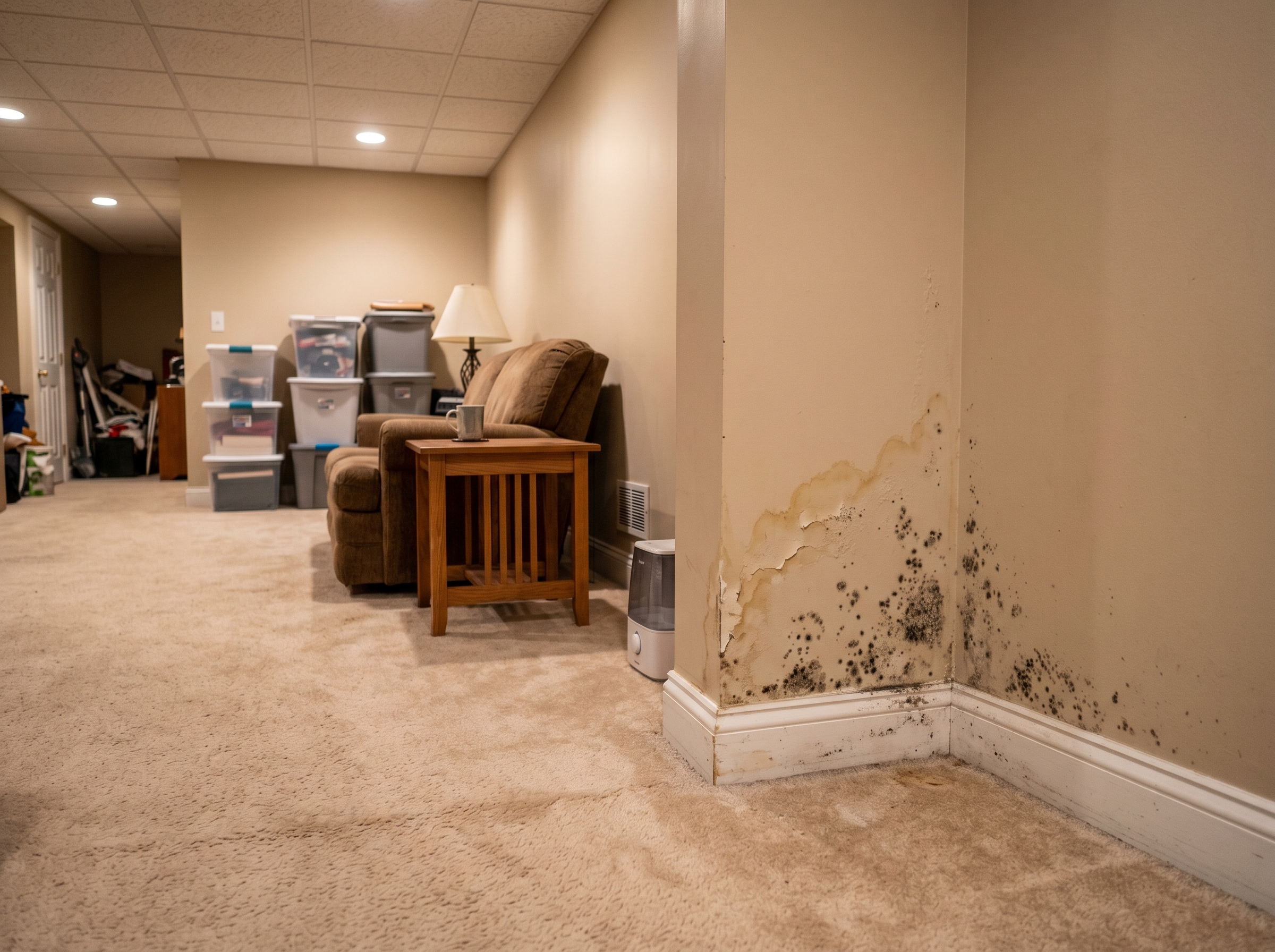 Finished basement with mold staining on drywall near baseboard