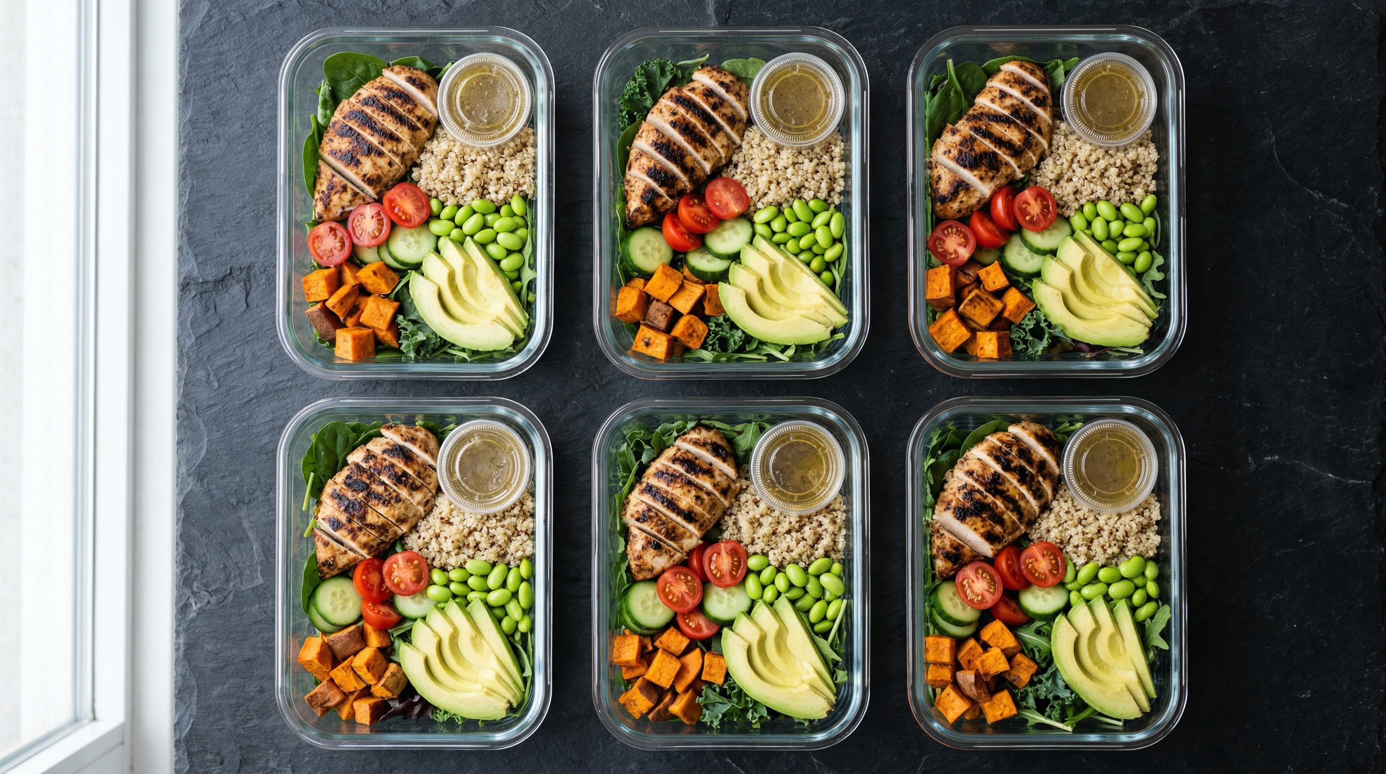 Healthy meal prep bowls with grilled chicken, quinoa, and fresh vegetables