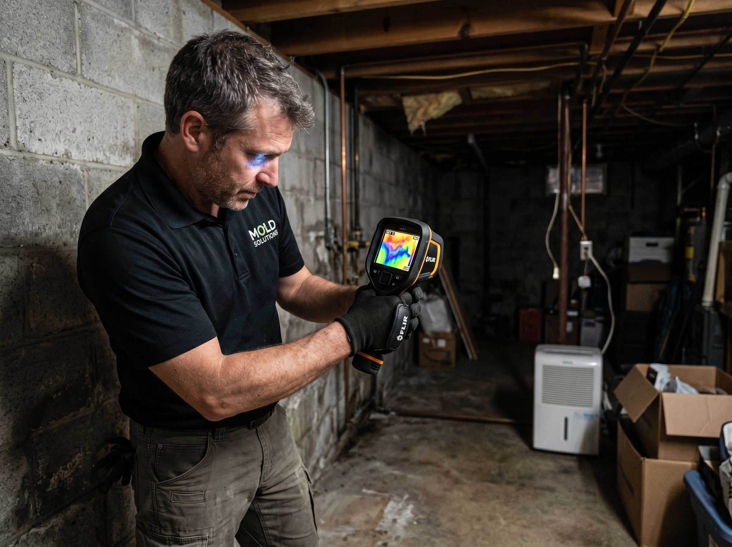 Certified mold inspector using professional thermal imaging camera on basement wall to detect hidden moisture during paid professional inspection