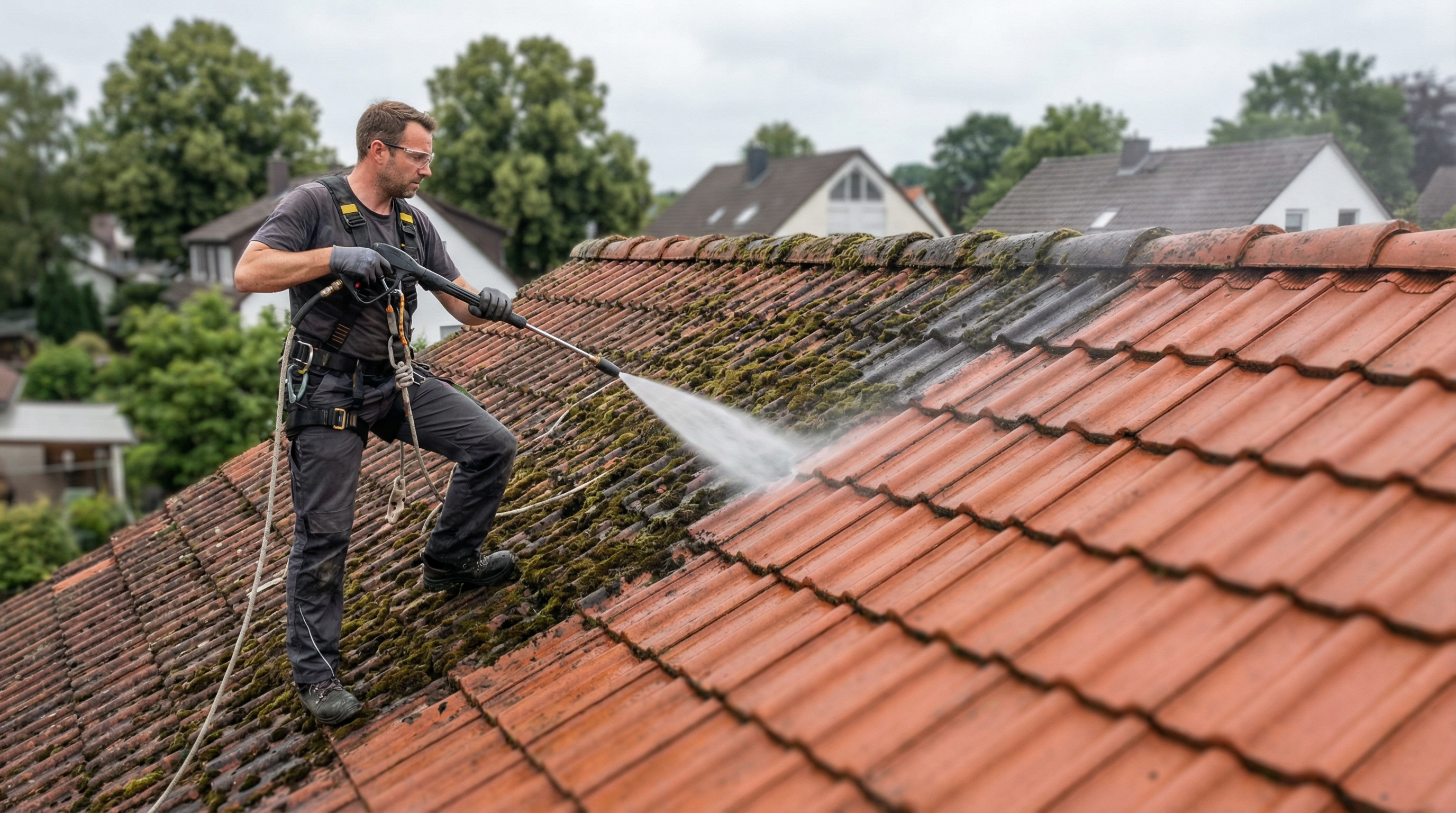 Professionelle Dachreinigung mit Hochdruckreiniger in Wandlitz