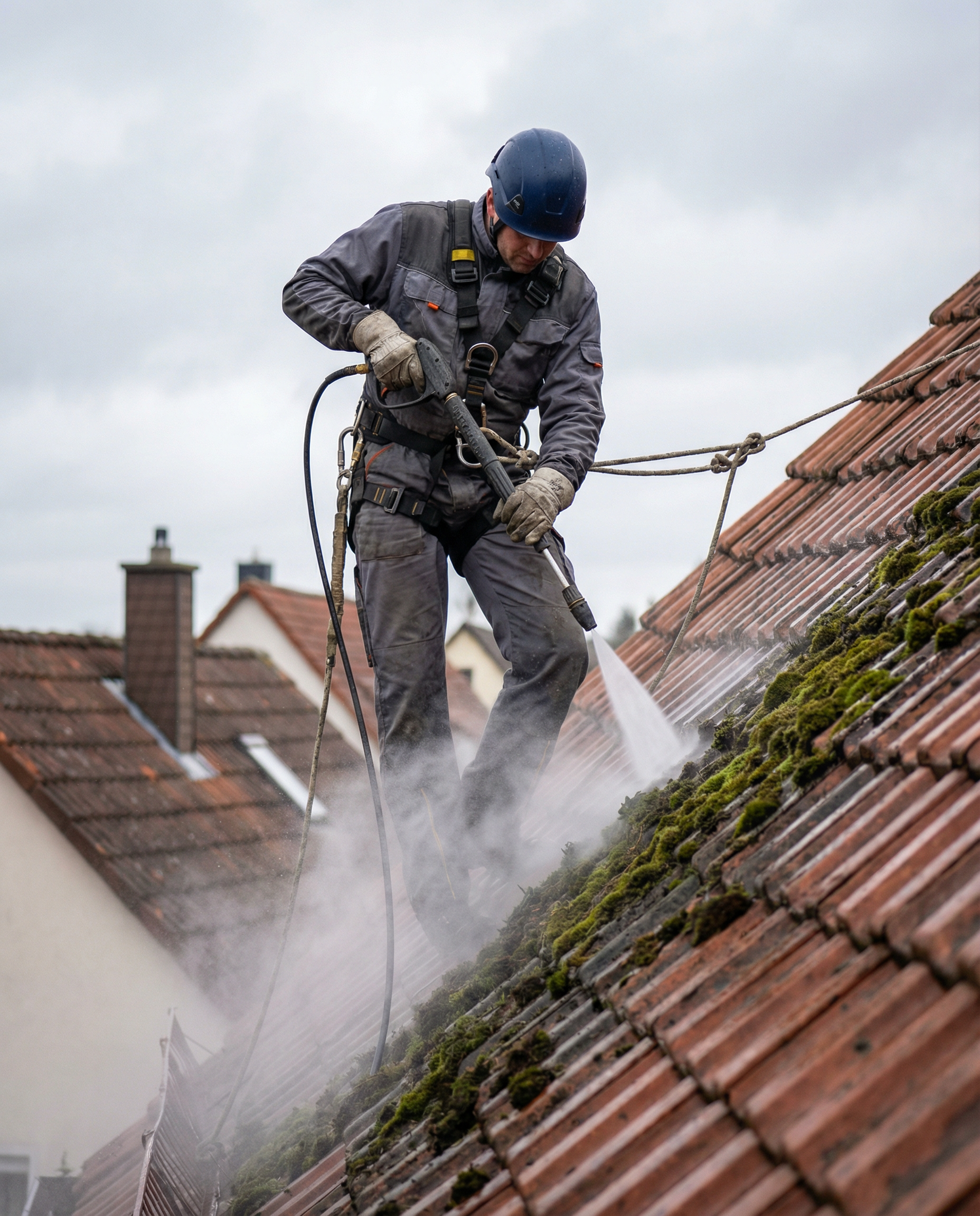 Fachmann bei der Hochdruckreinigung eines Daches in Erkner