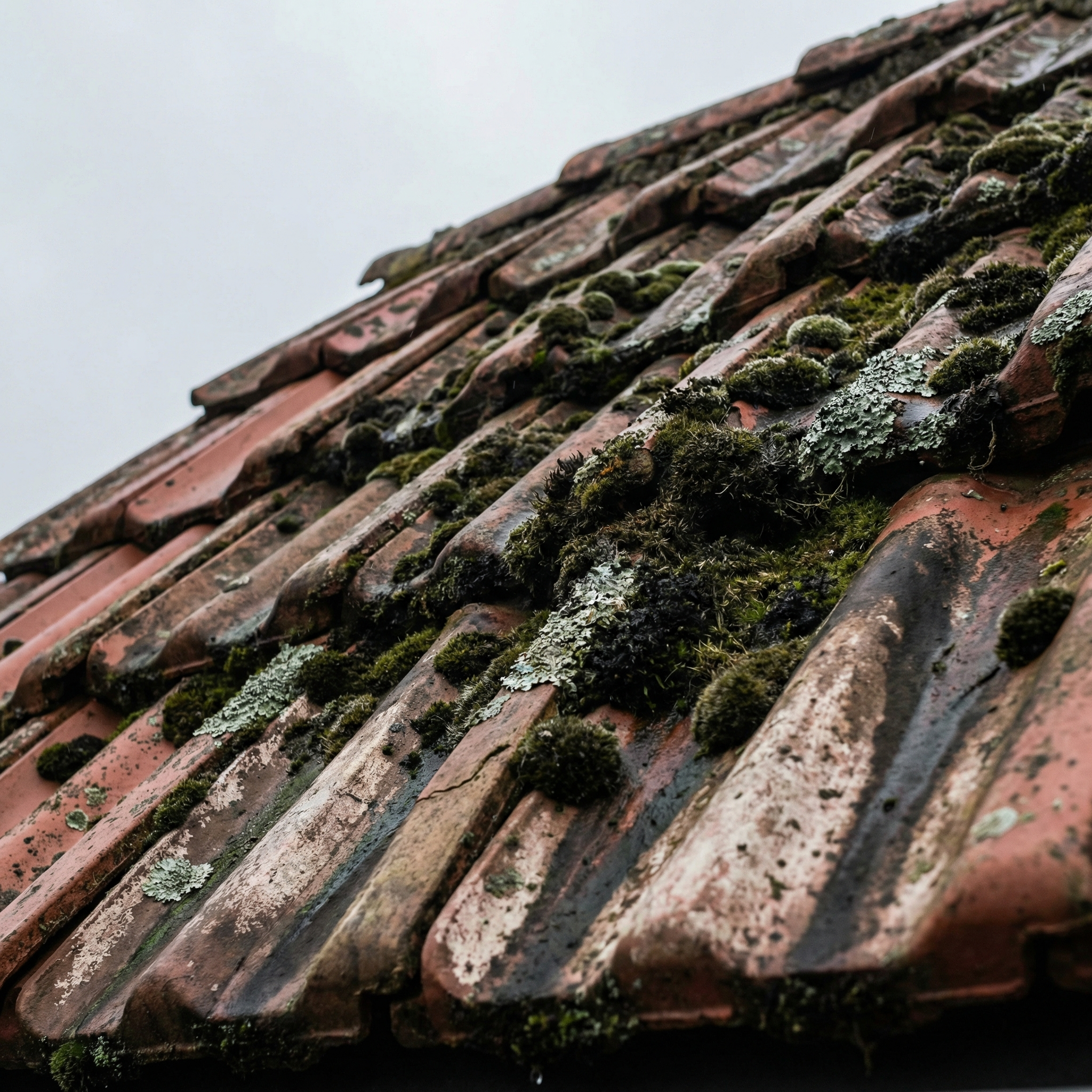 Dach vor der Reinigung mit starkem Moos- und Algenbefall