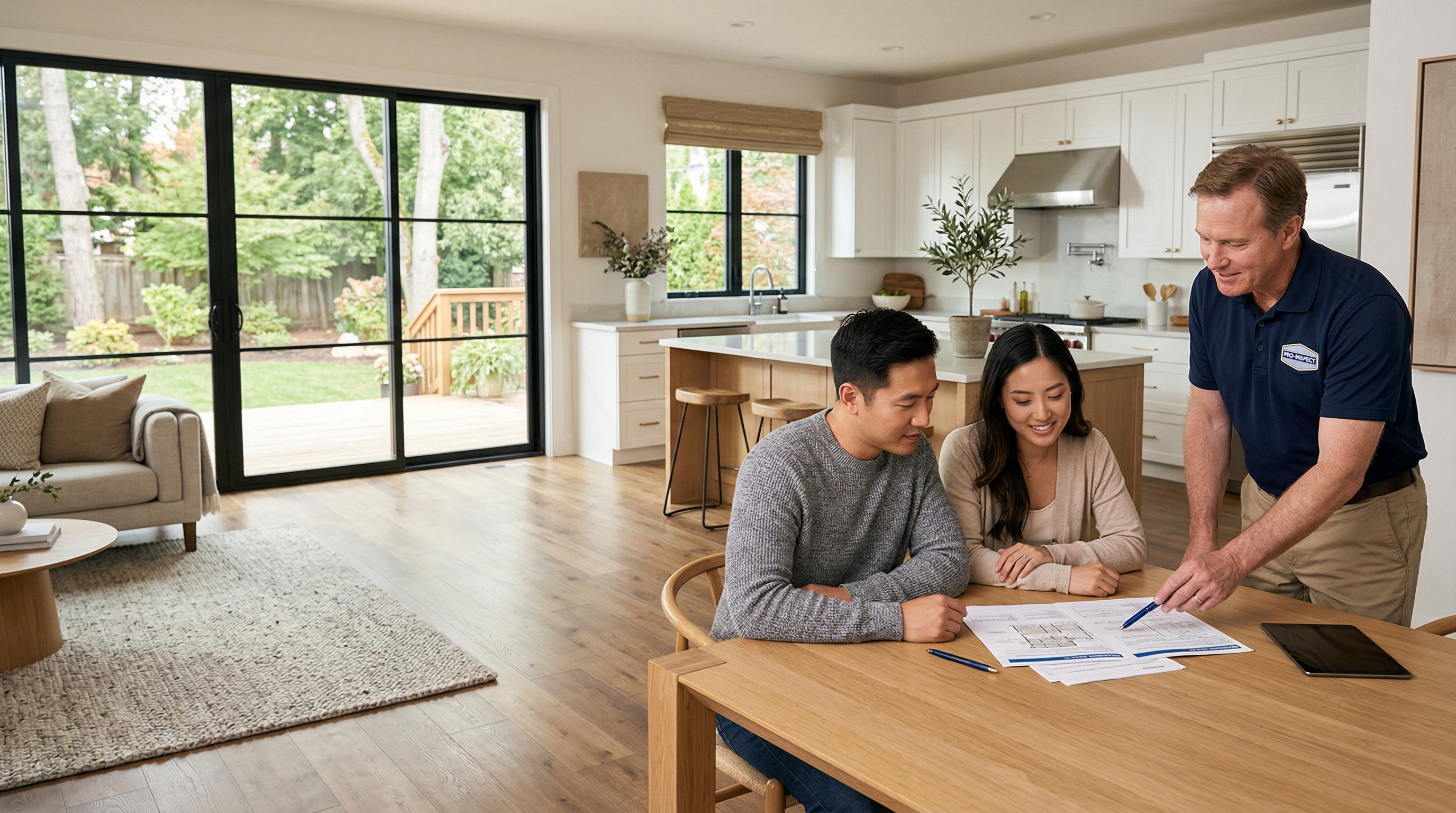 Home buyers reviewing inspection report with a professional inspector