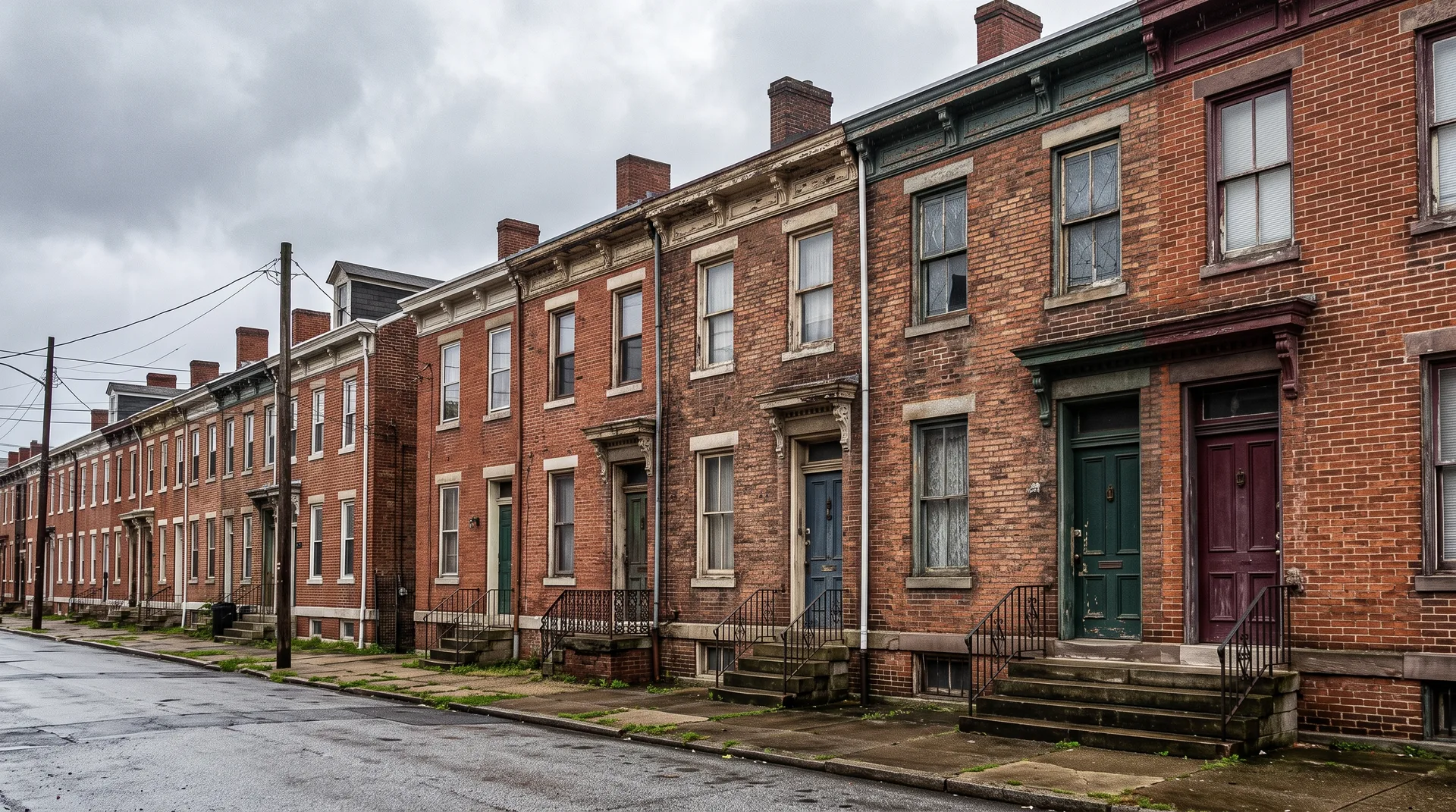 Historic York Pennsylvania neighborhood street showing rows of older brick rowhouses with aged foundations and period architecture typical of pre-1950s construction