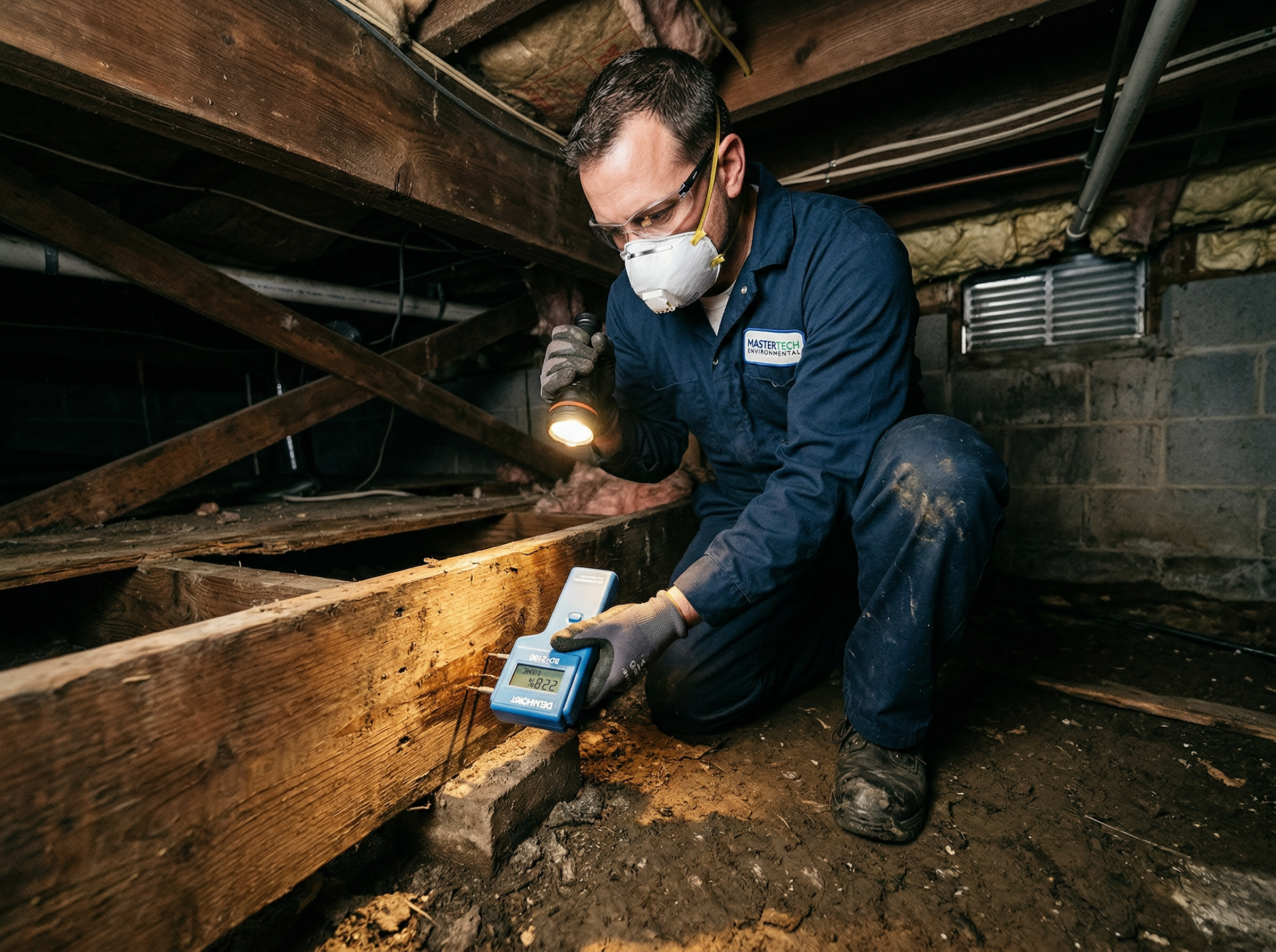 MasterTech inspector performing moisture readings in a crawlspace