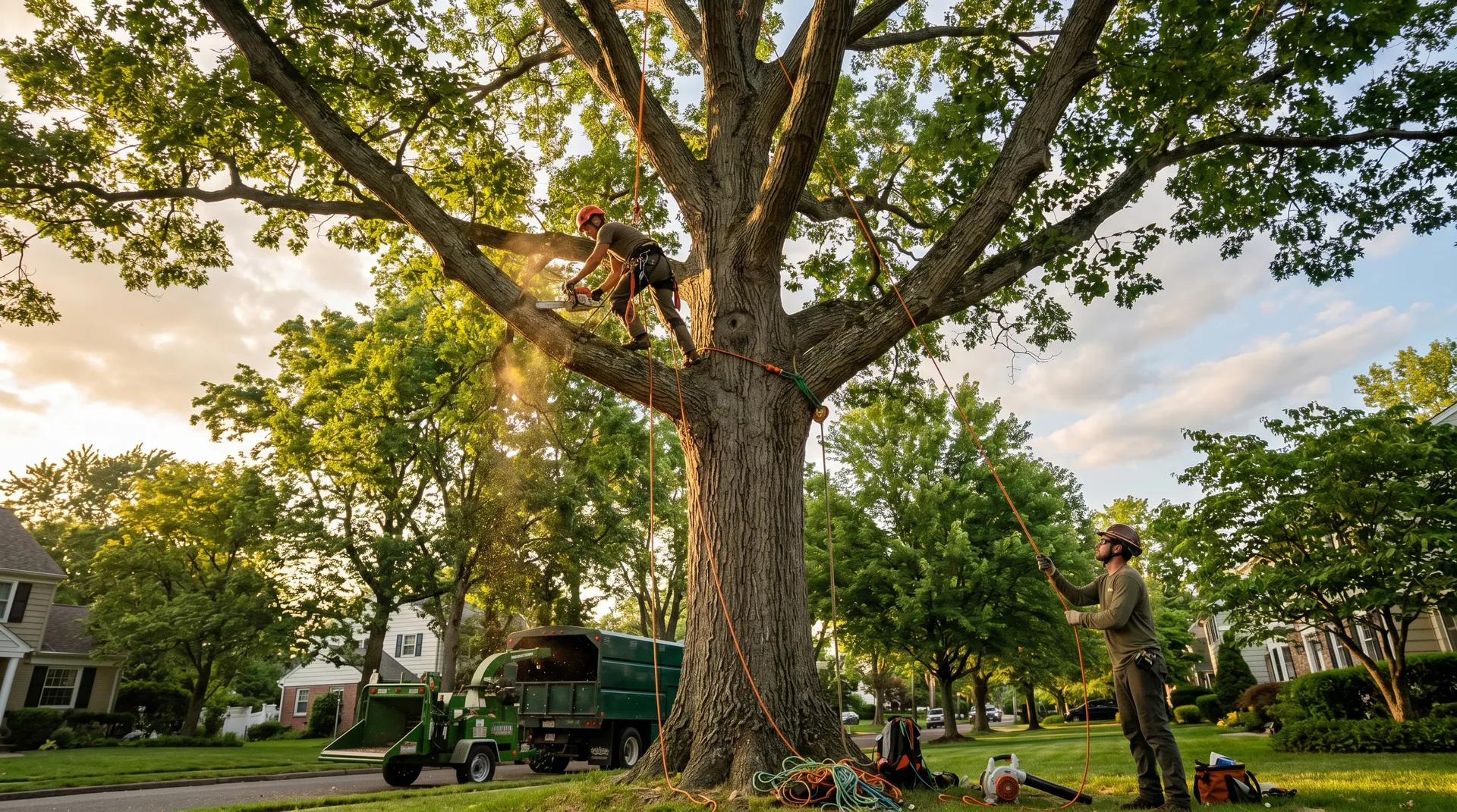 Tree service crew working on a large tree in a suburban neighborhood