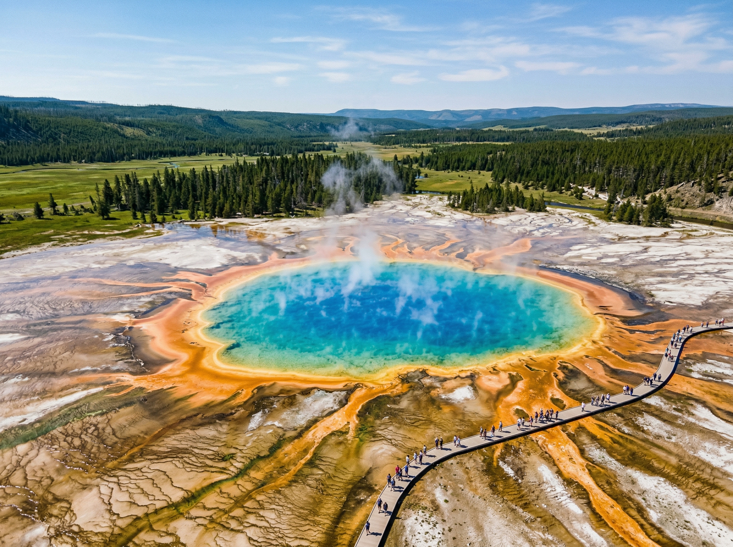 Grand Prismatic Spring aerial view with vibrant blue orange and yellow colors at Yellowstone