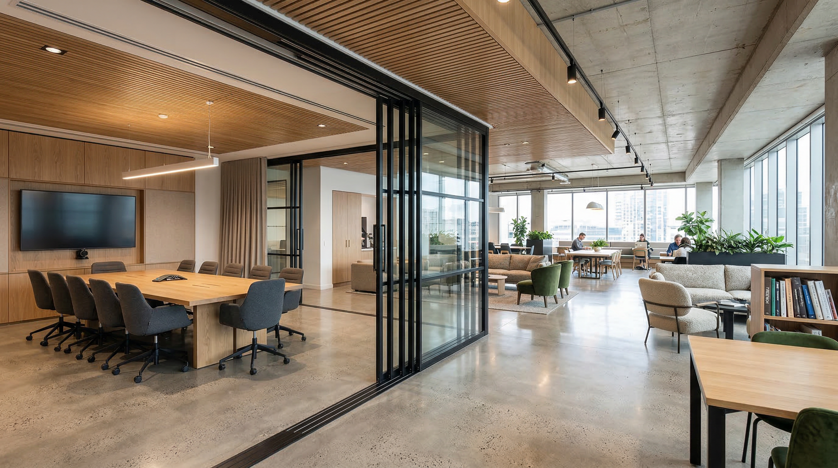 MG900 glazed sliding doors open showing flexible meeting space merging with open-plan office
