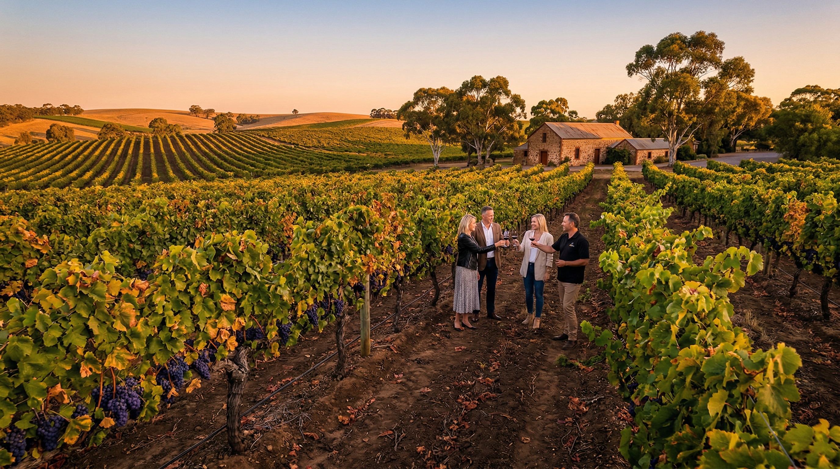Small group of guests tasting wine among Barossa Valley vineyard rows at golden hour South Australia