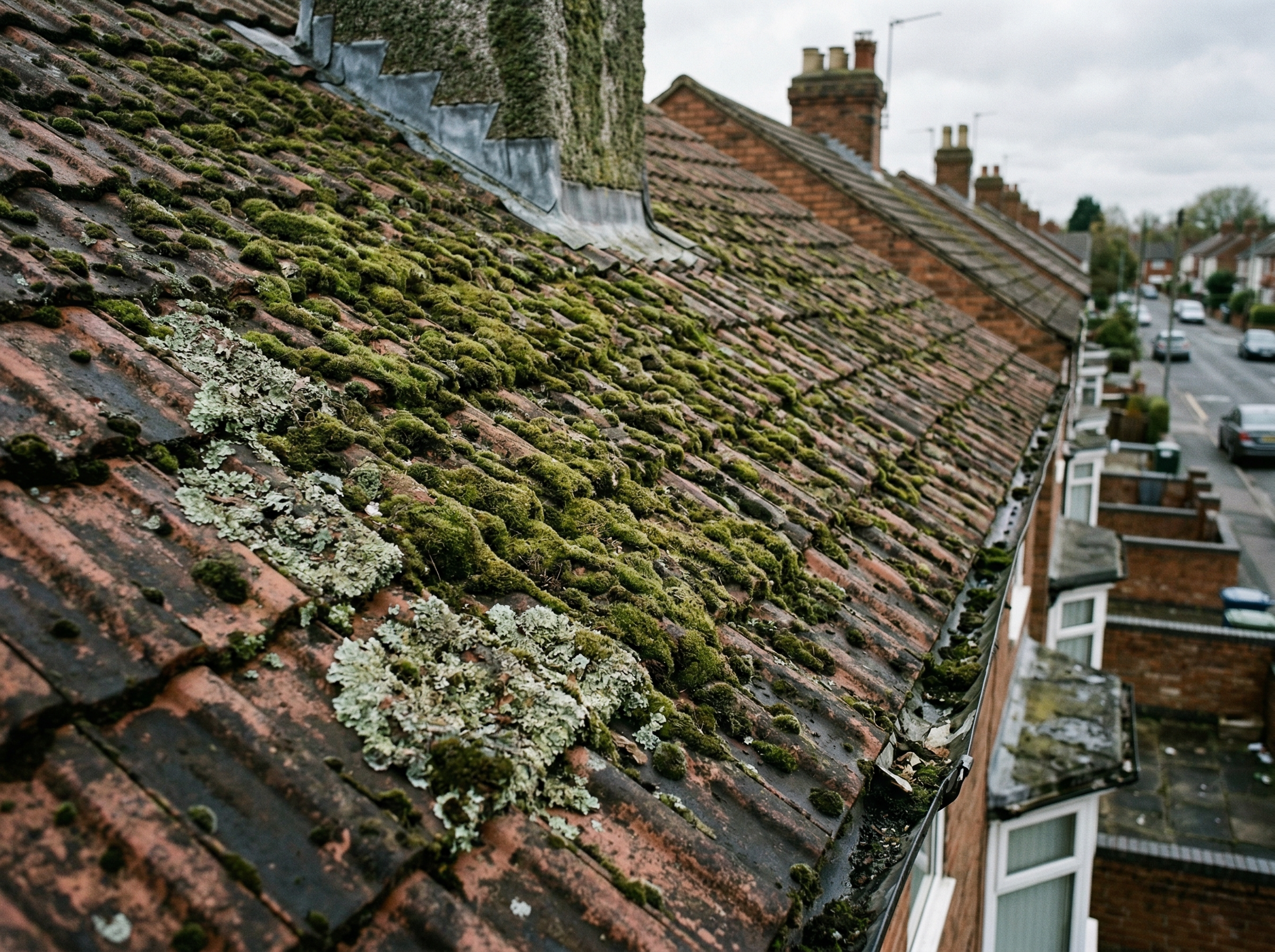 Roof covered in moss and lichen before cleaning