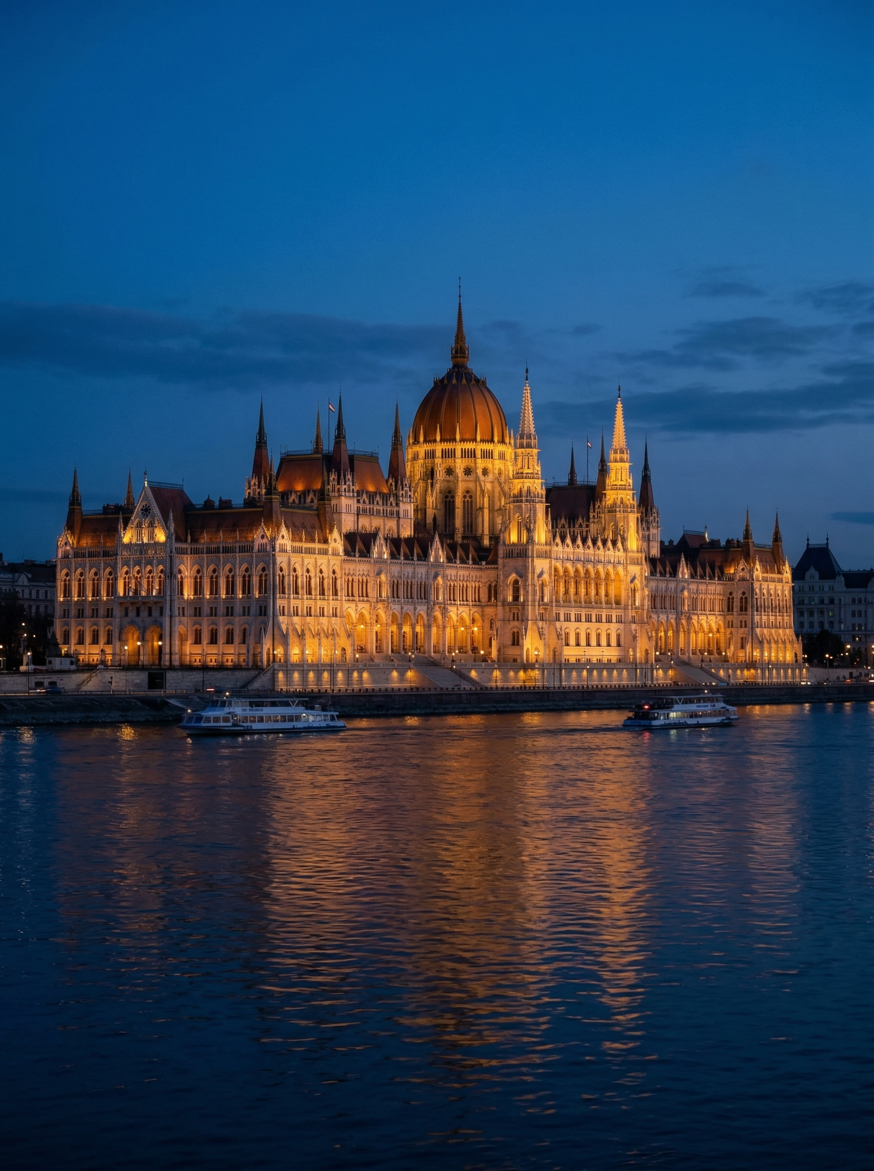 Hungarian Parliament building illuminated at night reflected in the Danube River