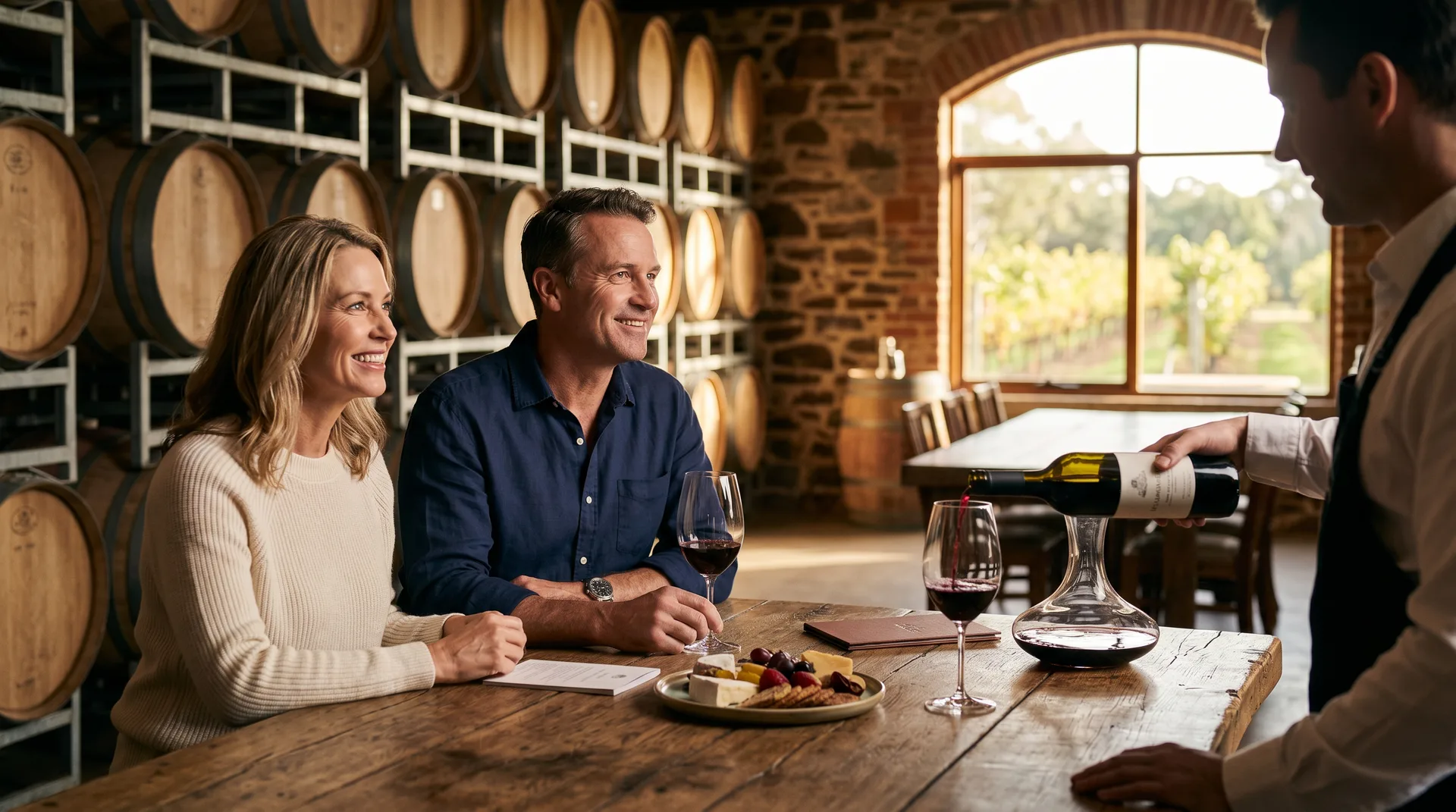 Couple enjoying a private wine tasting at a Barossa Valley cellar door with oak barrels in the background