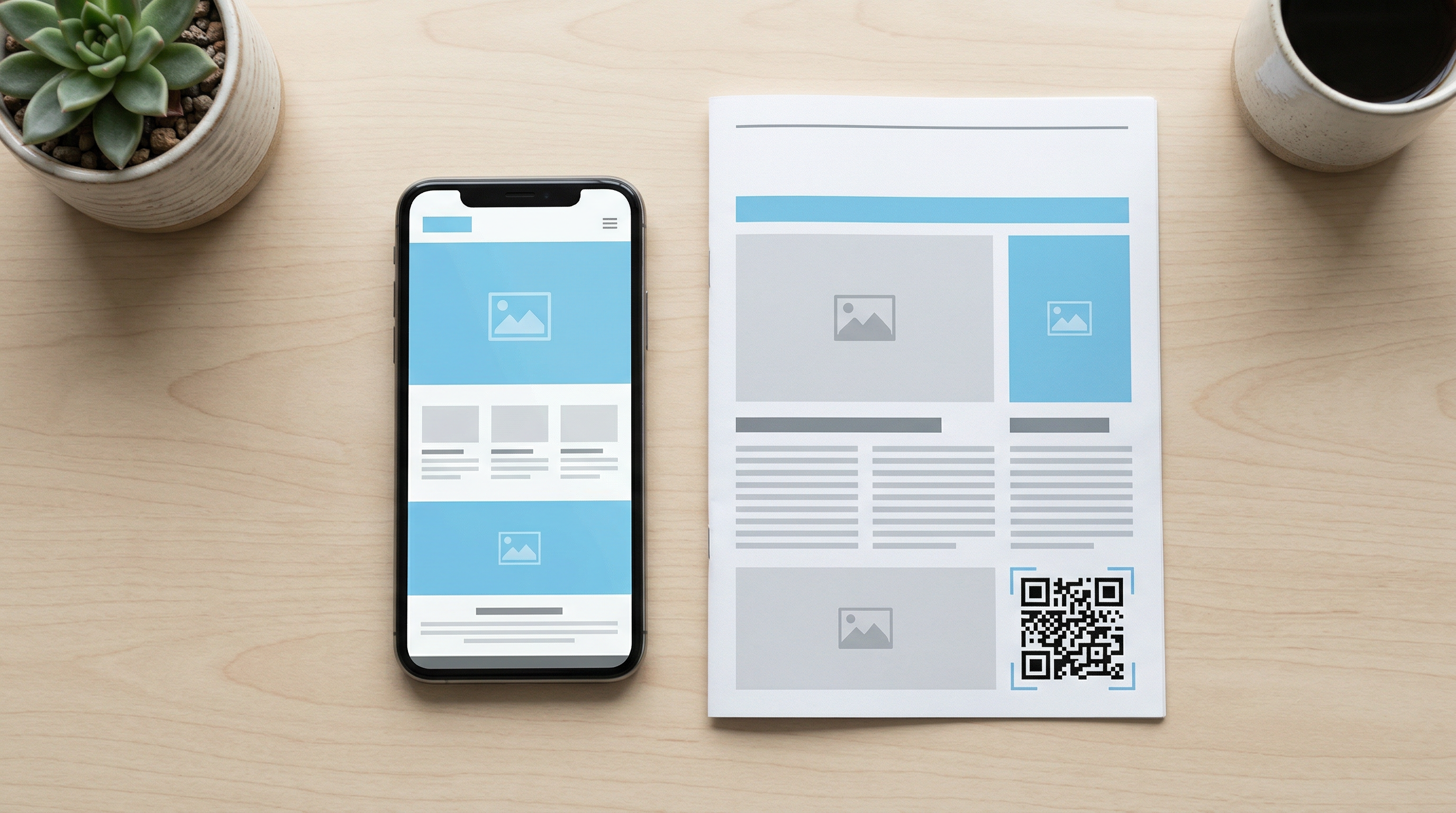 Smartphone and printed newsletter showing QR code integration for print and digital marketing
