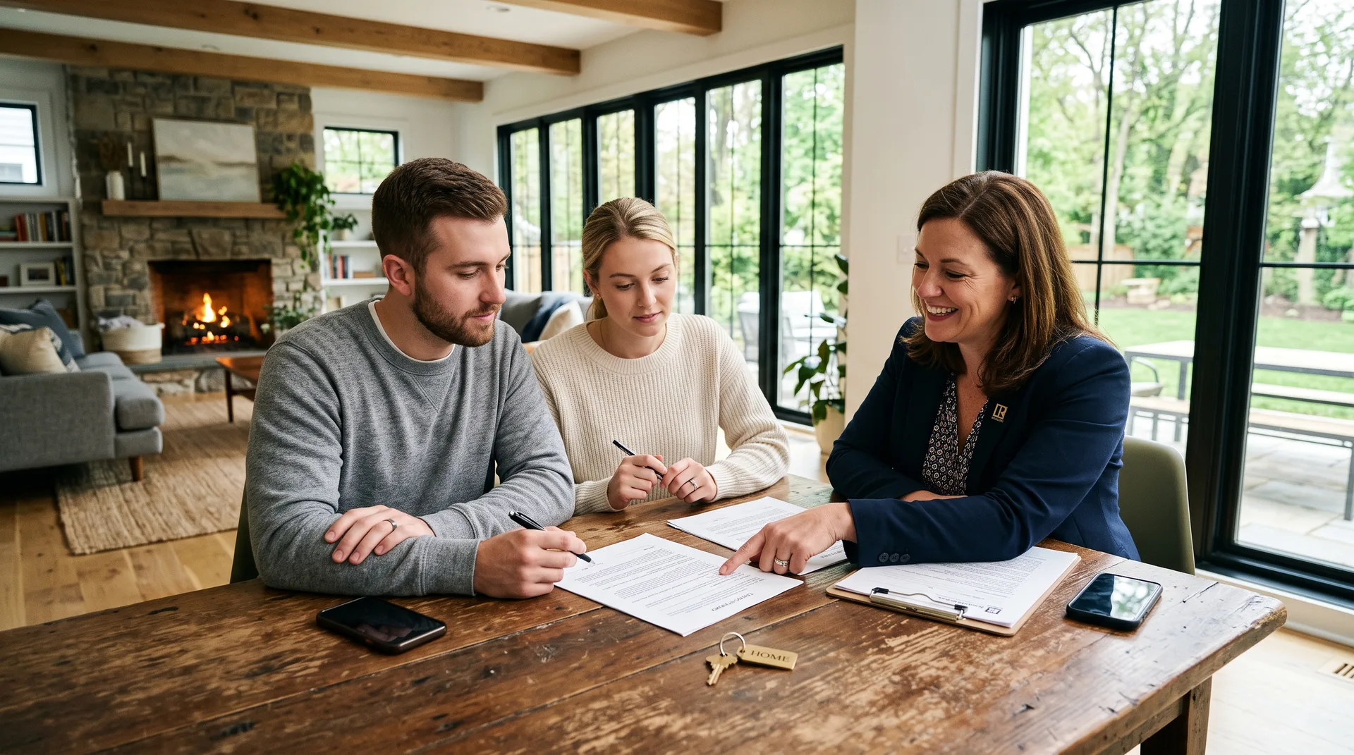 Real estate agent reviewing mold inspection documents with buyers at a table during a home purchase