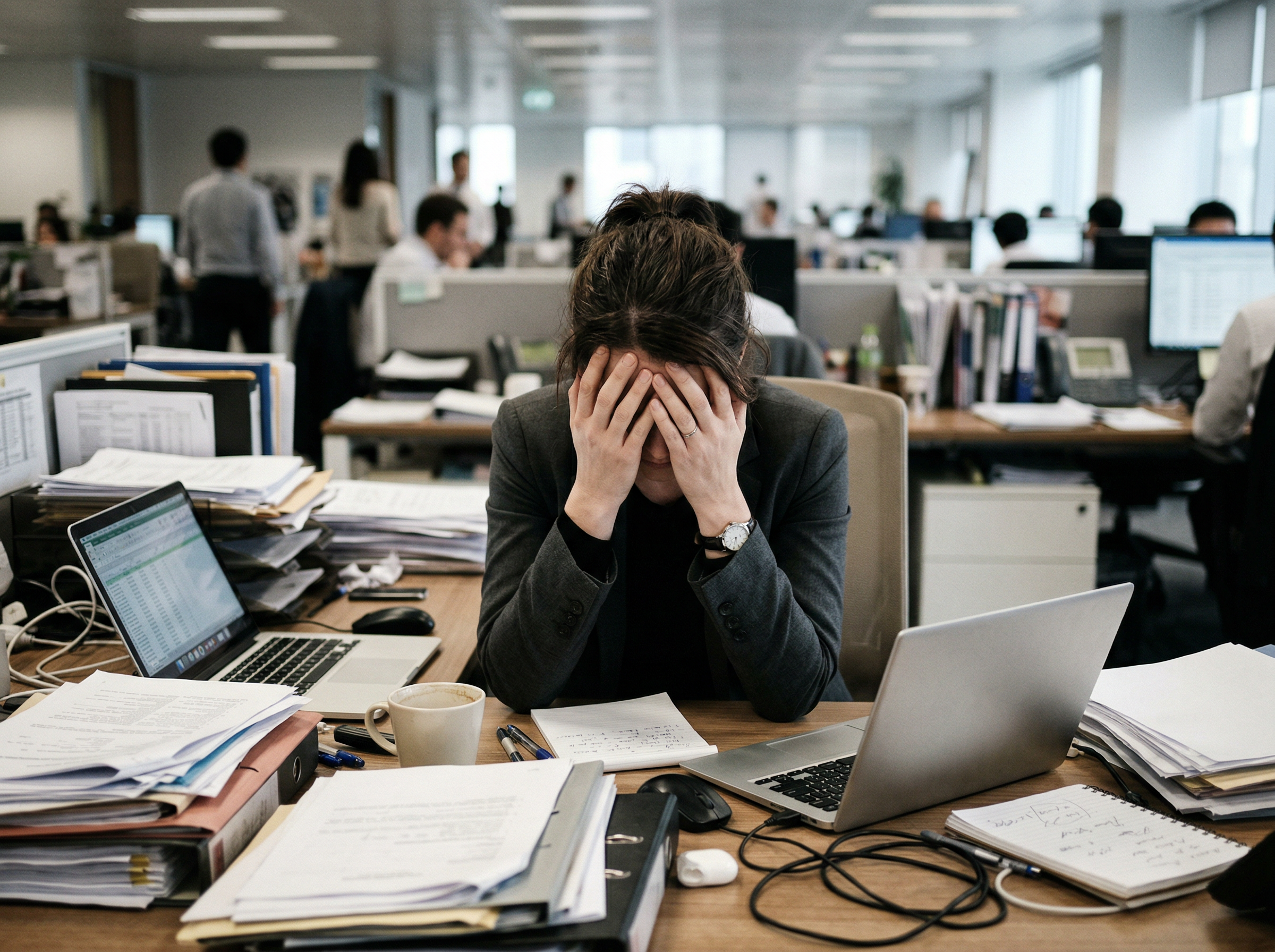 Professional experiencing workplace stress and burnout at office desk