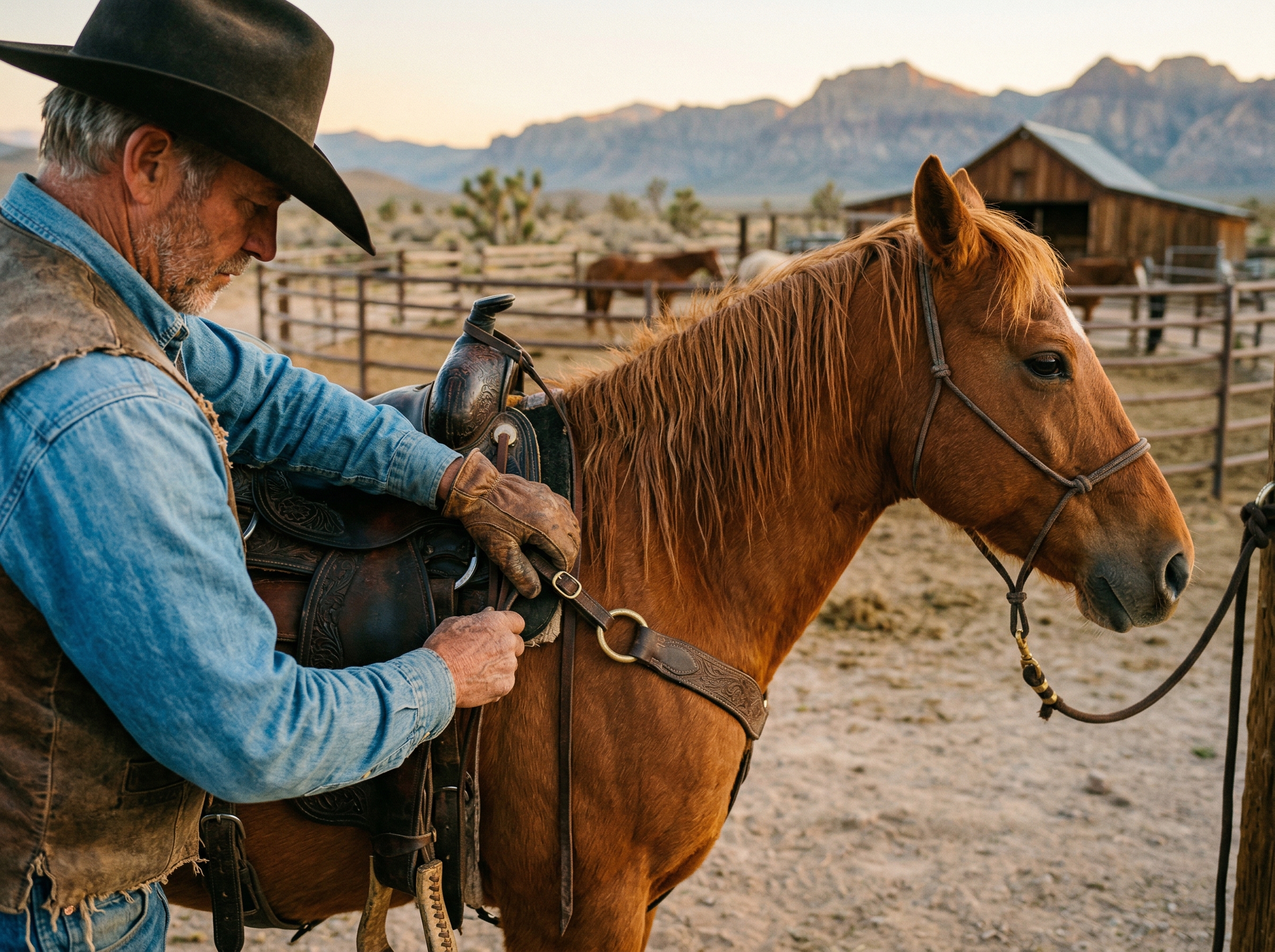 Cowboy guide saddling a chestnut horse at a desert ranch at dawn with mountains in background