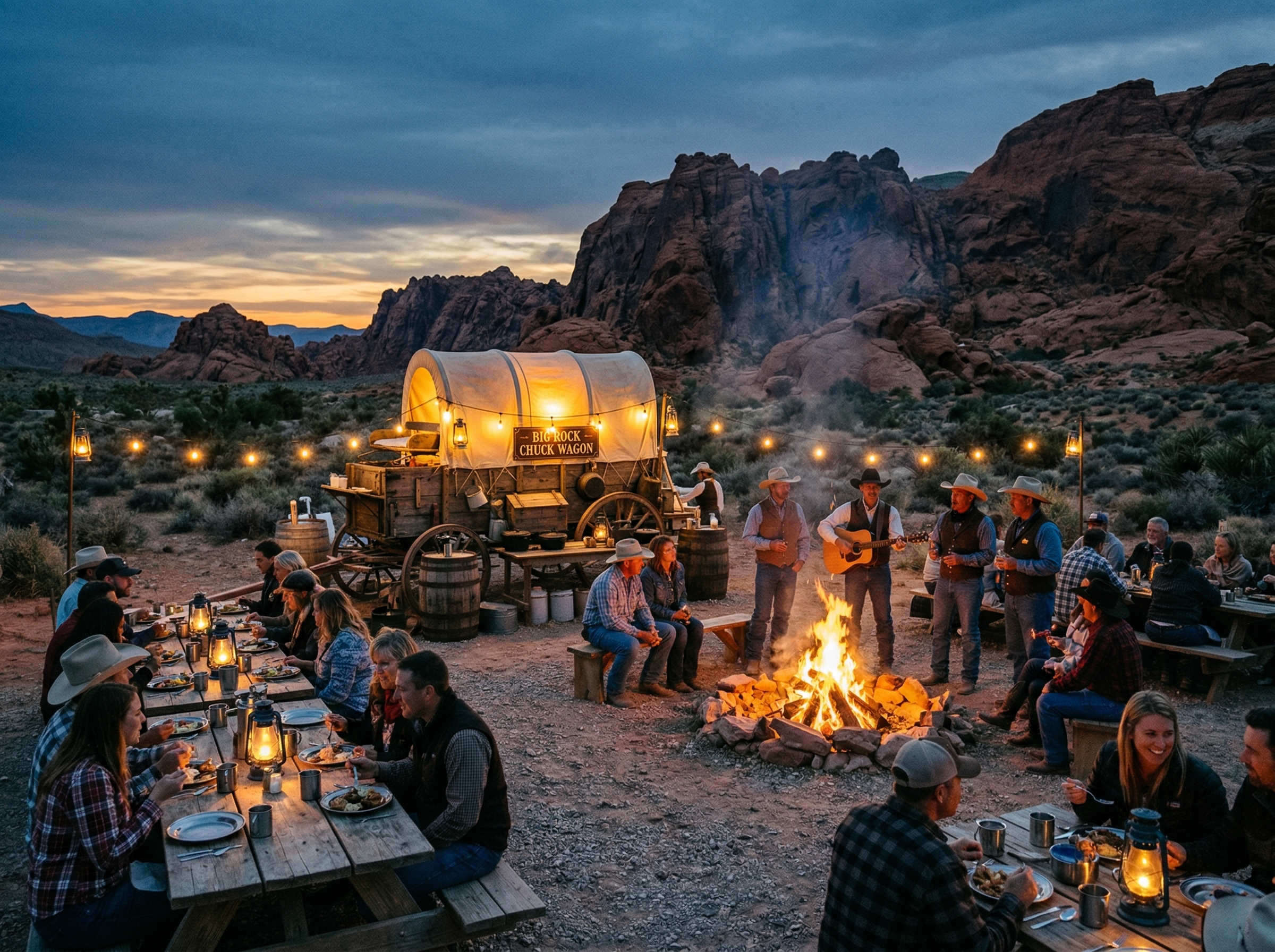 Guests enjoying authentic chuck wagon dinner with live cowboy entertainment in the Nevada desert at dusk