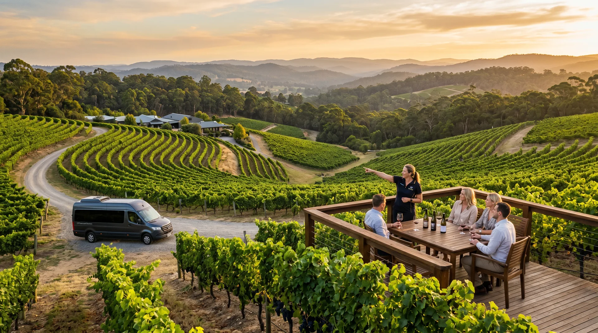 Small group enjoying wine tasting on a deck overlooking Adelaide Hills vineyards at golden hour South Australia