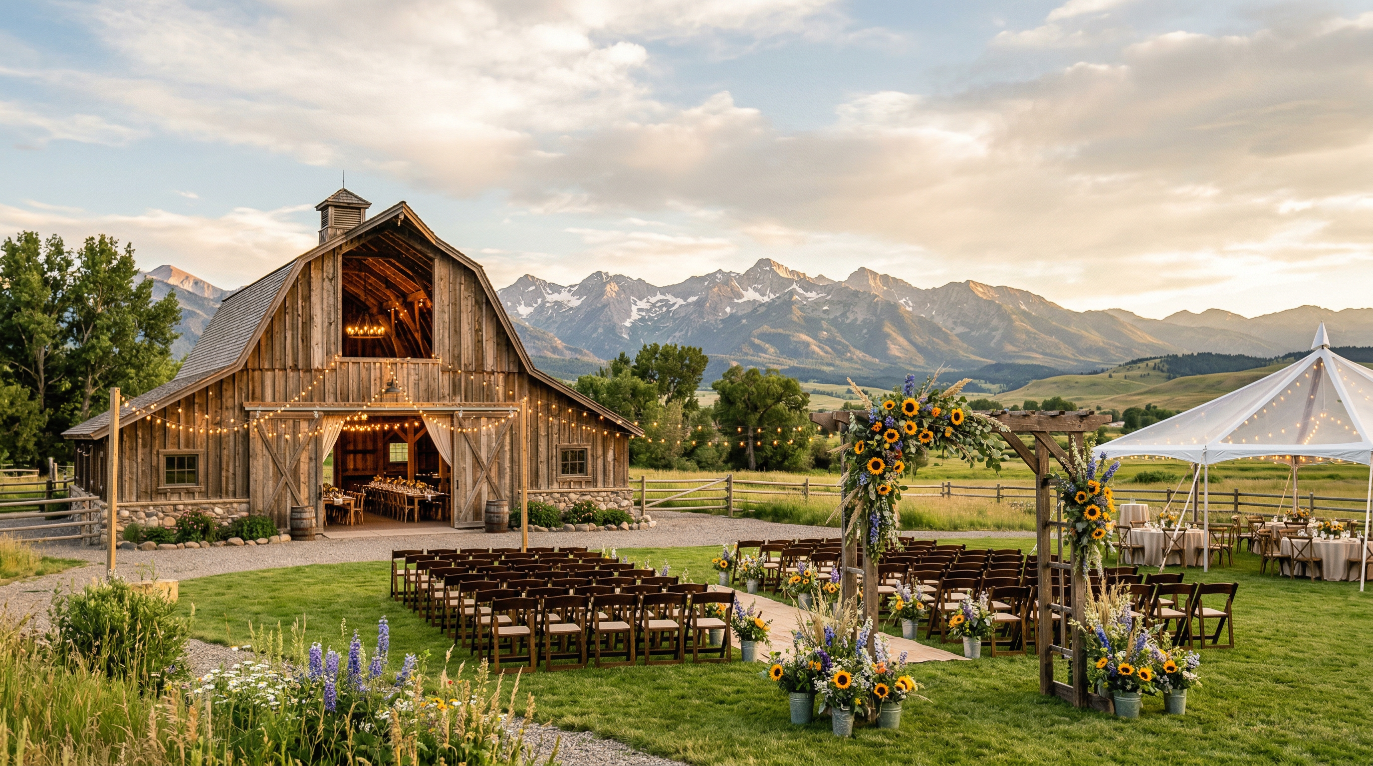 Firelight Farm rustic barn wedding venue with string lights, sunflower arch, and panoramic Montana mountain views