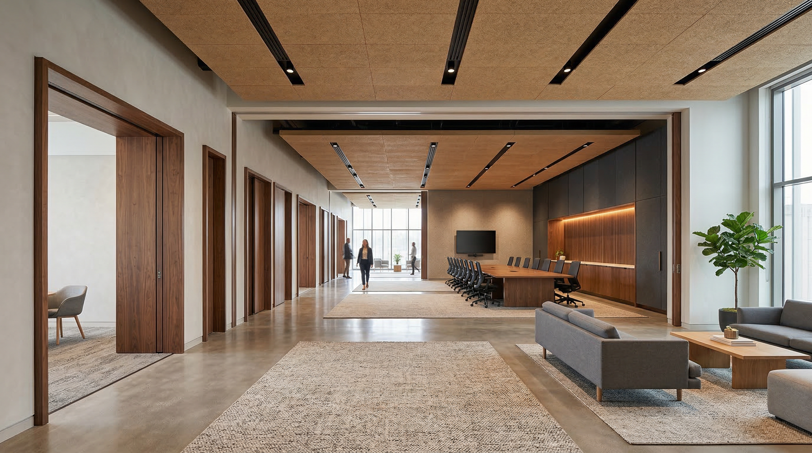 Open plan conference space enabled by MG400 pocket door system with wood veneer panels