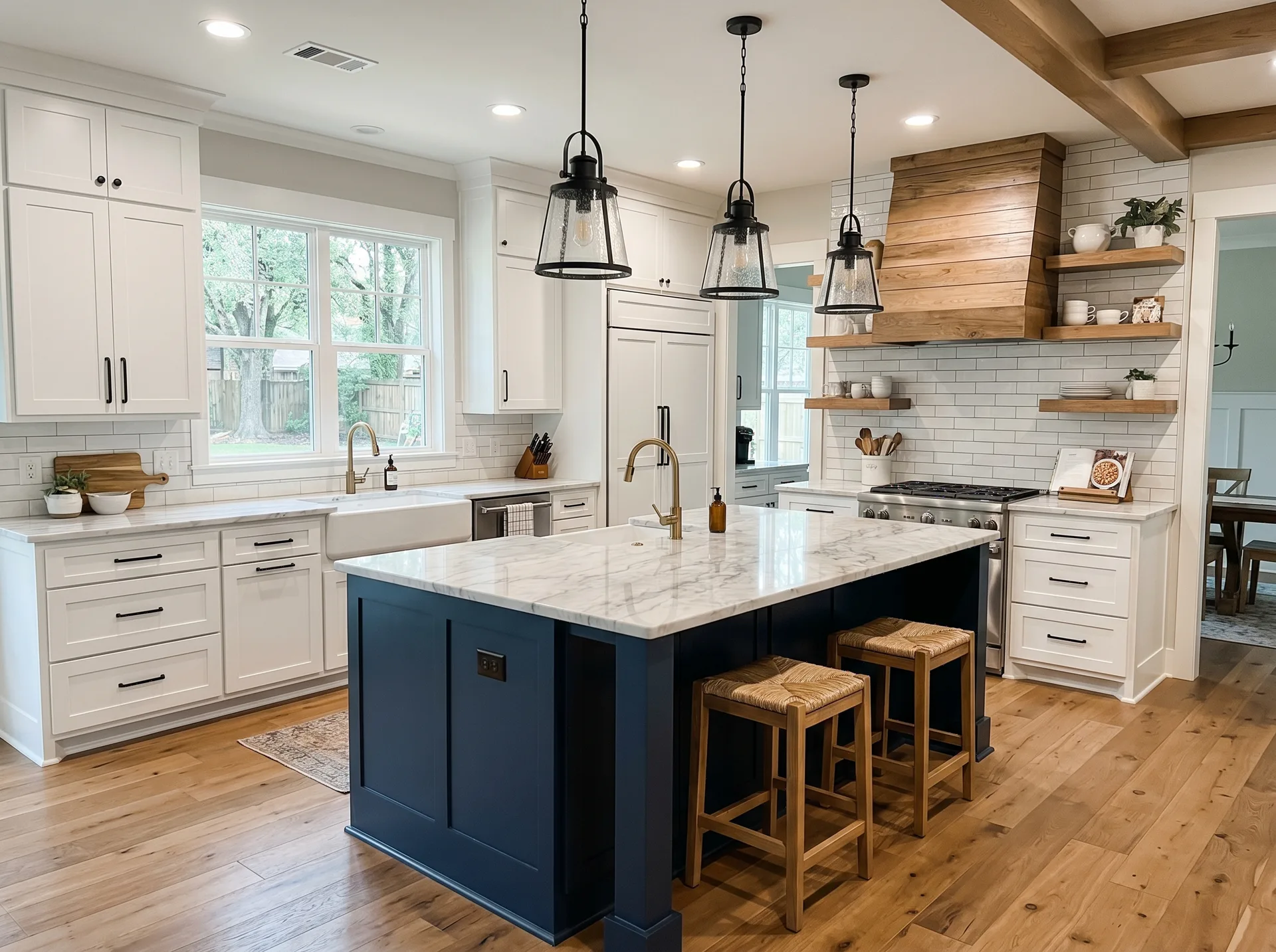 Beautiful kitchen with freshly painted white cabinets and navy blue island