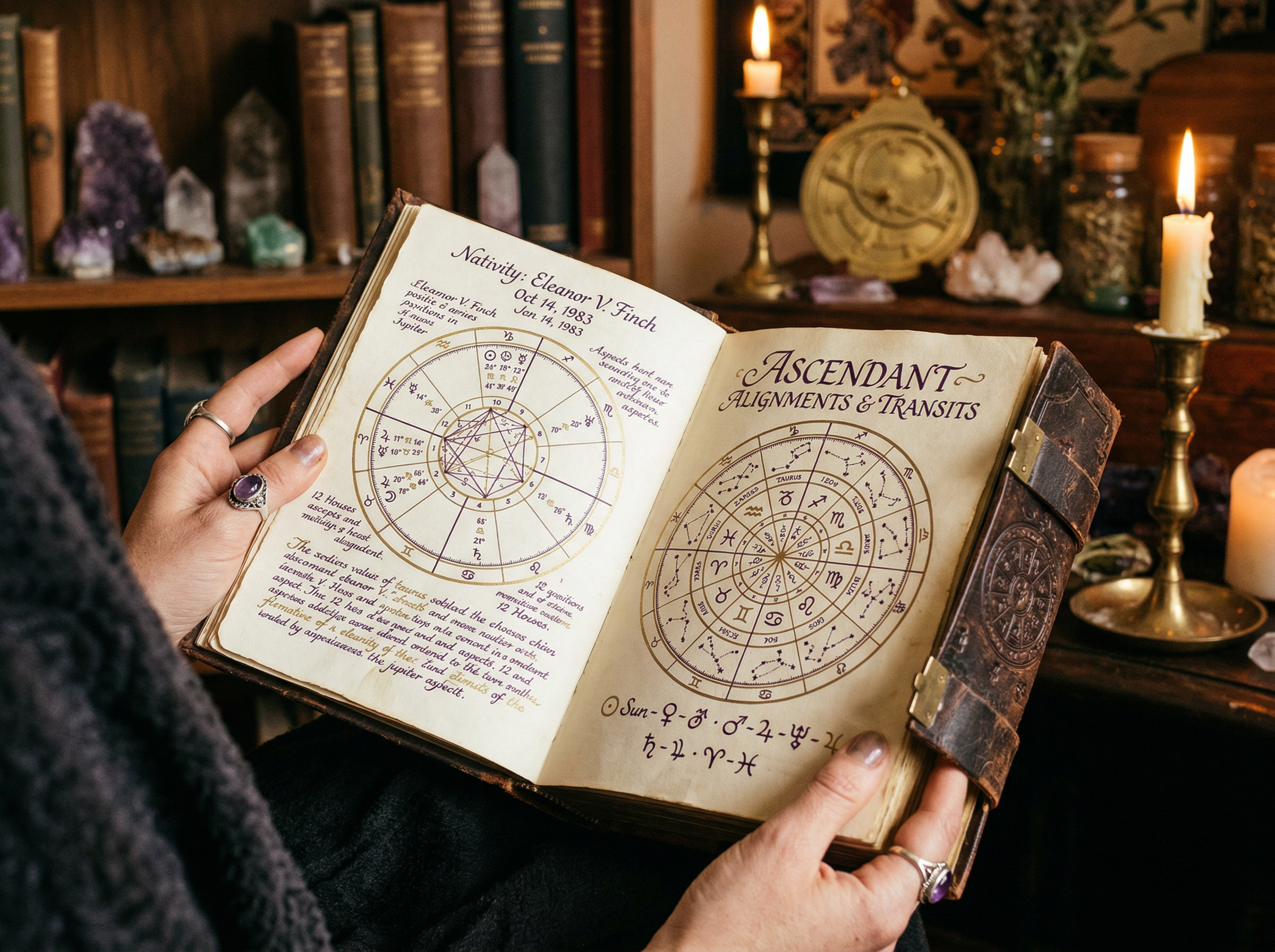 Hands holding an open astrology book with a natal chart diagram, surrounded by crystals and candlelight