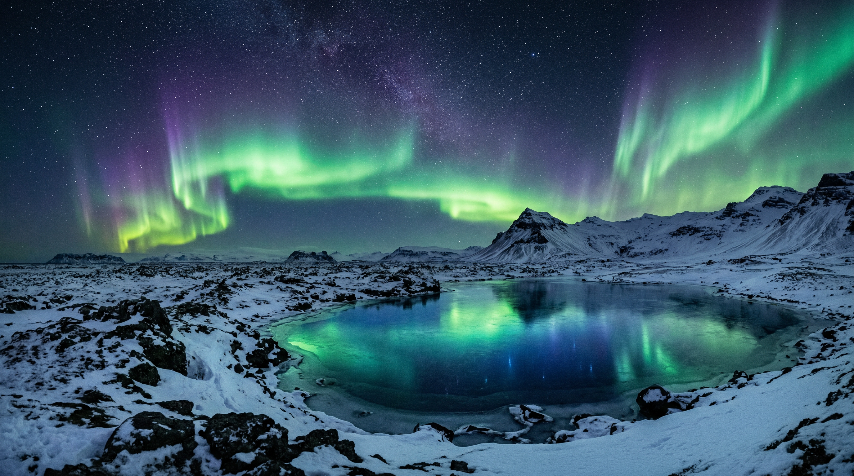 Aurora borealis dancing over Iceland's snowy volcanic landscape reflected in a glacial lake