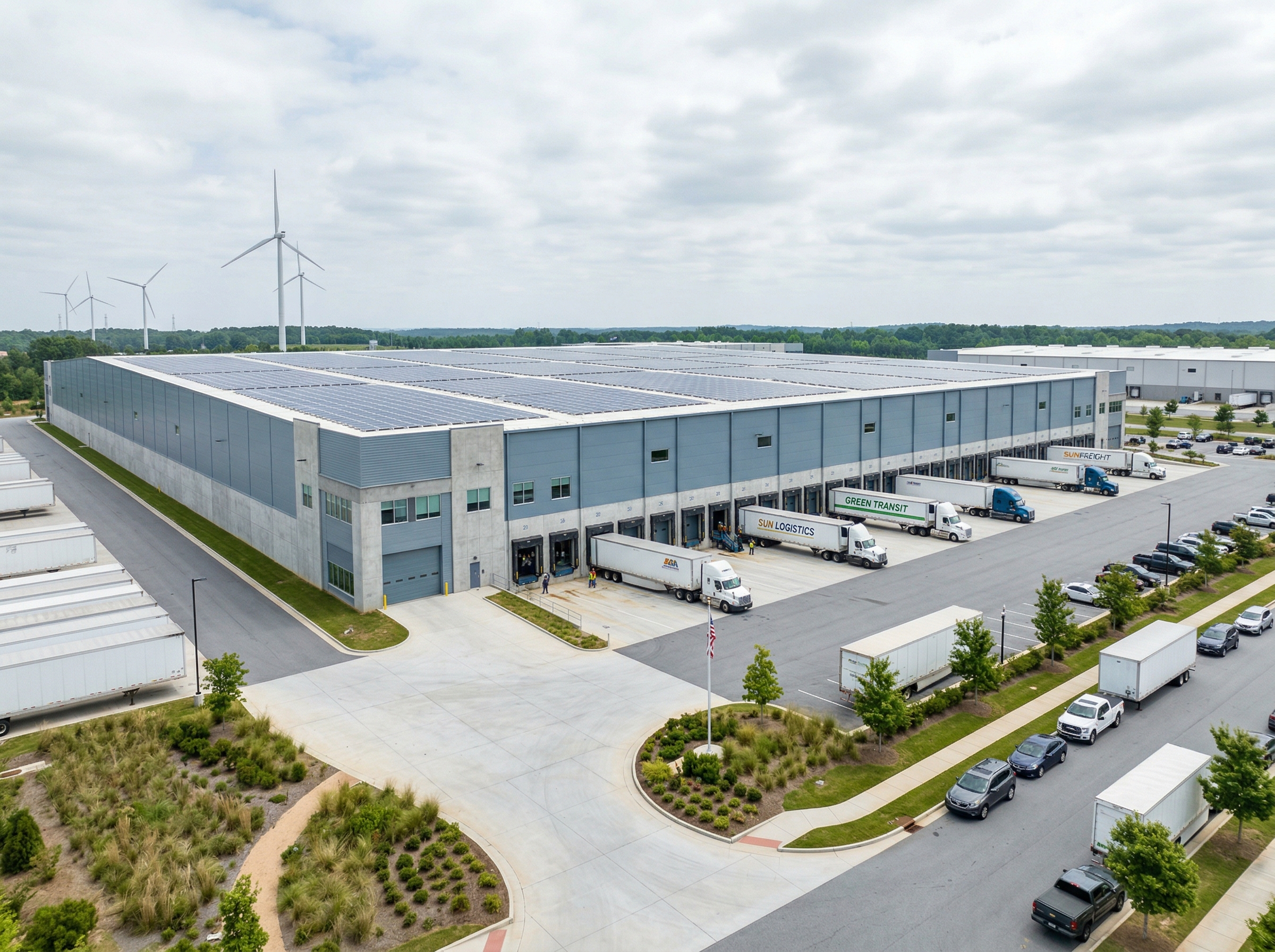 Energy efficient commercial warehouse with solar panels
