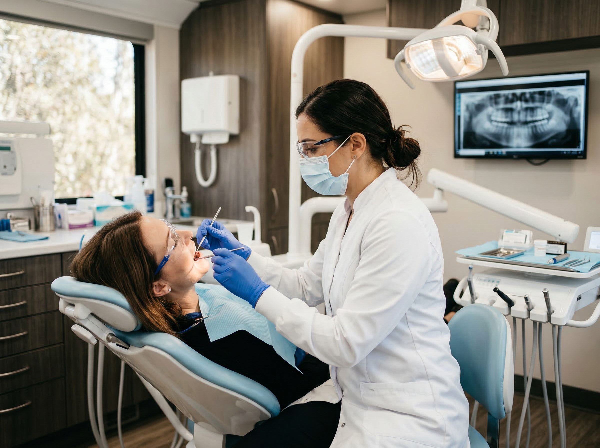 Dentist performing a thorough dental examination on a patient in a modern clinic