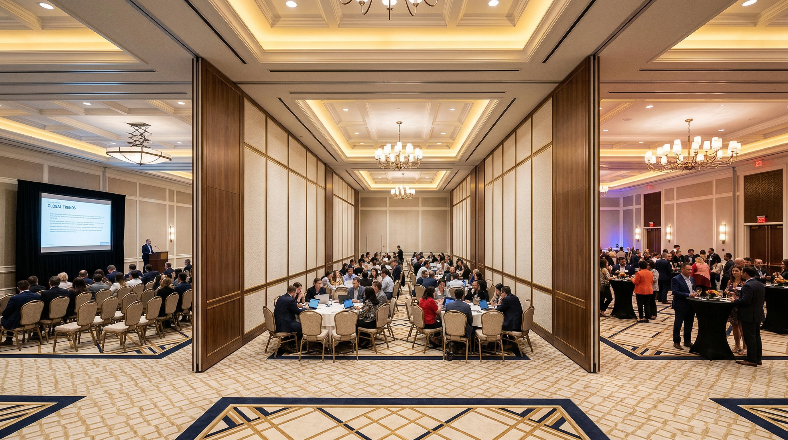 Conference hall divided by movable acoustic walls into multiple event spaces