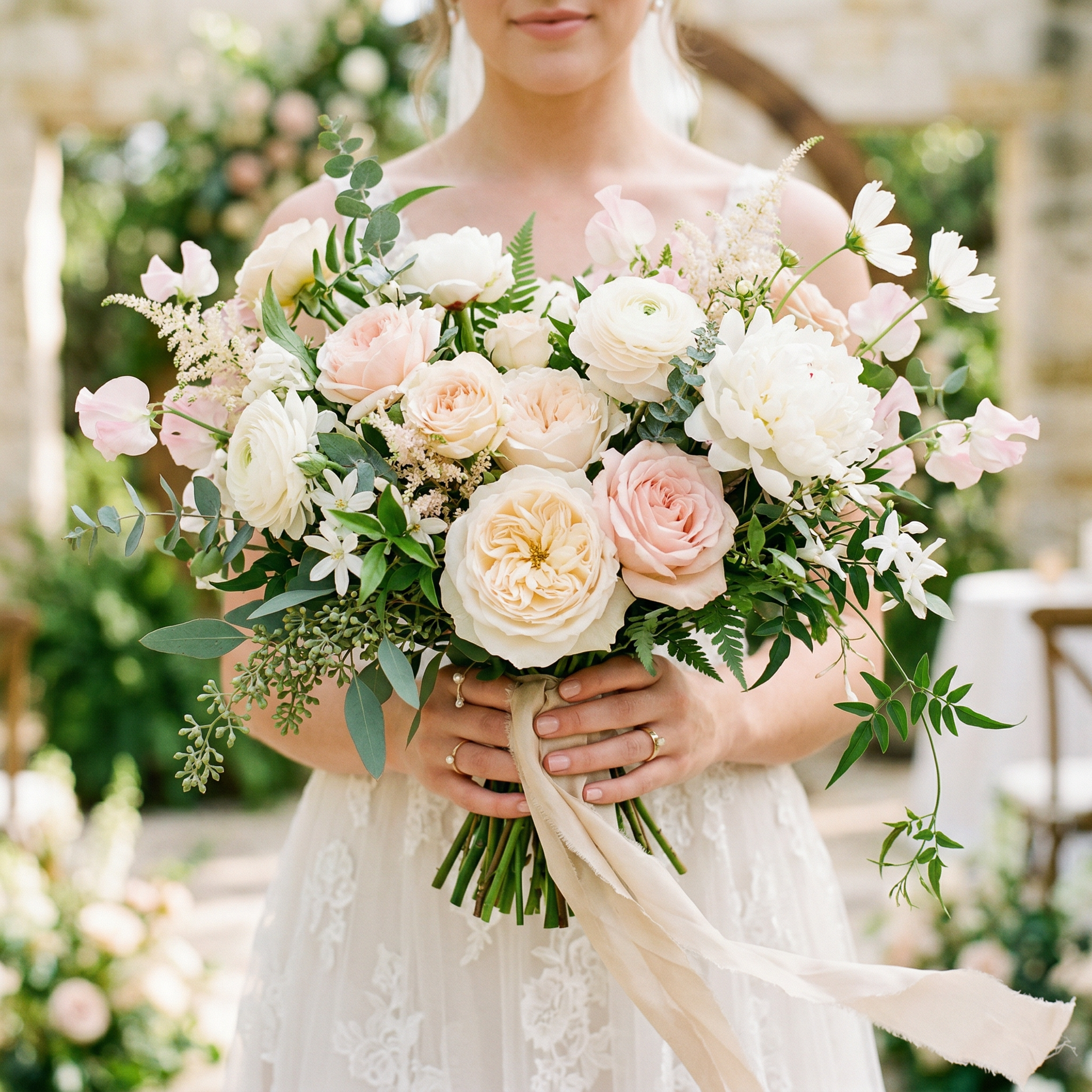Beautiful spring bridal bouquet with blush roses and peonies