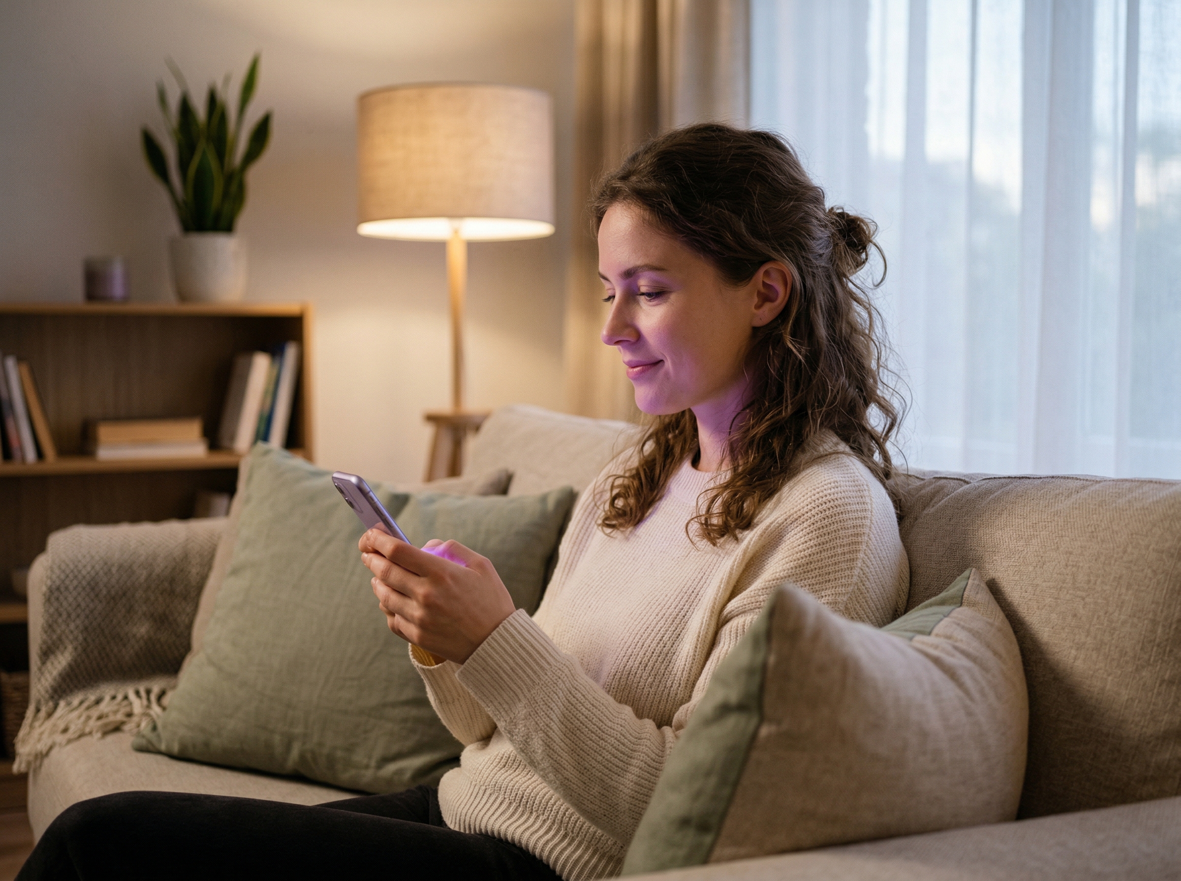 Person relaxing on a sofa using the Mindful app on their phone