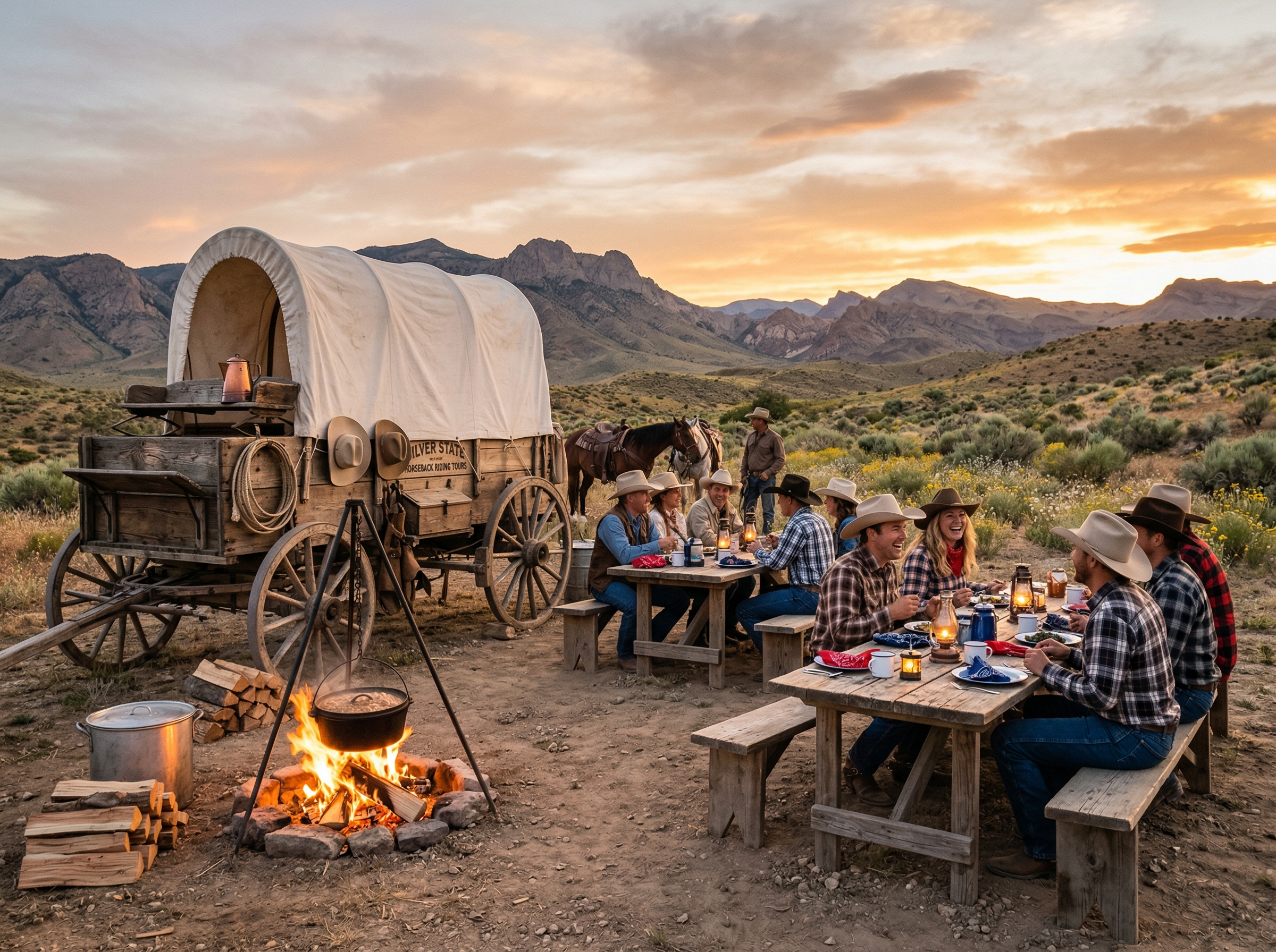 Chuck wagon outdoor dining setup with campfire and mountain views at sunset