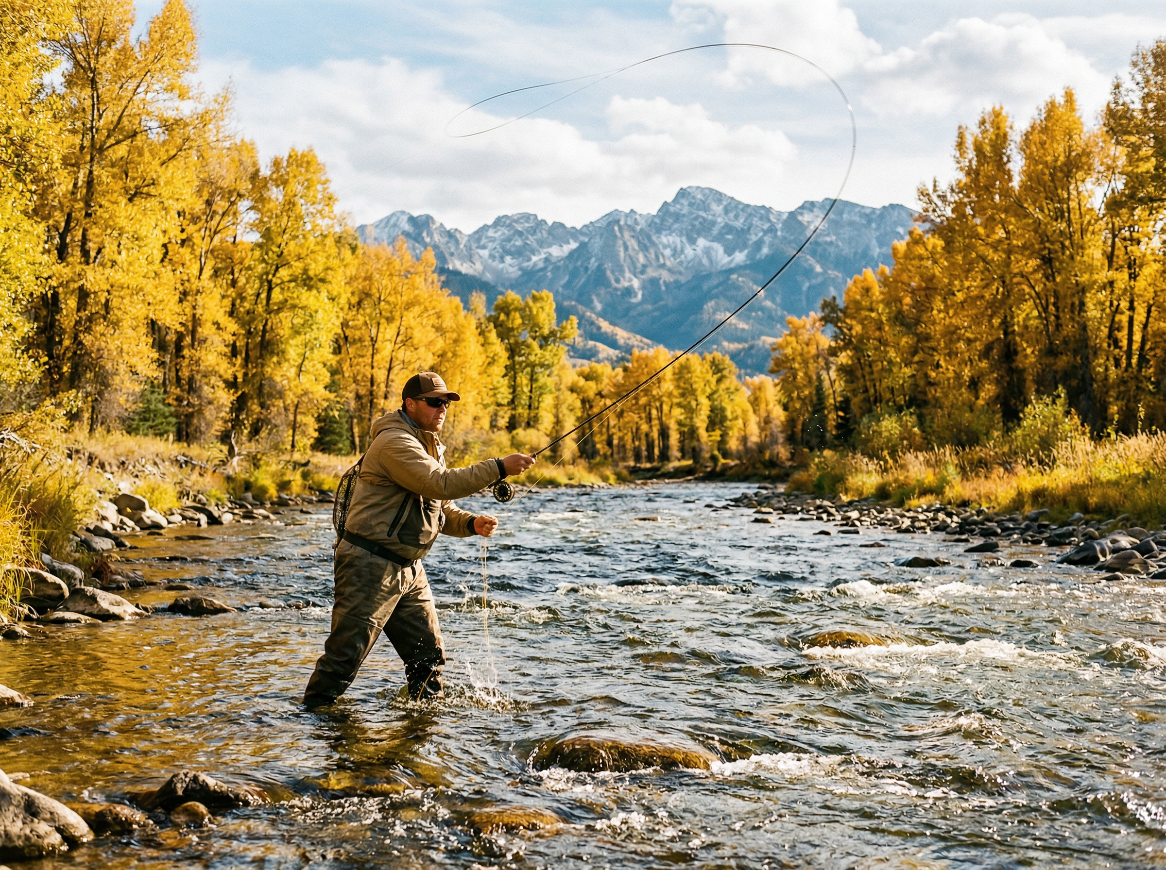 Fly fisherman casting on a clear Montana river surrounded by golden fall foliage and mountains