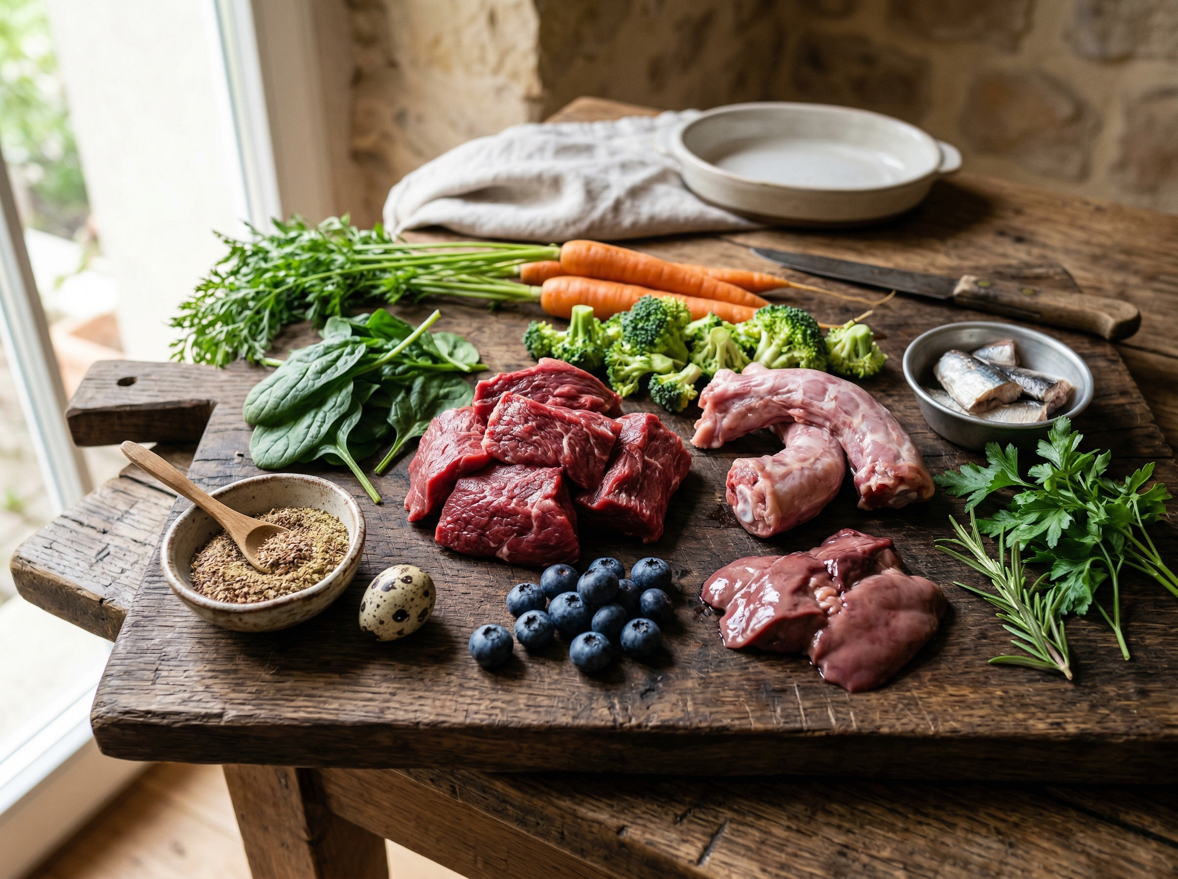 Frische, natürliche BARF-Zutaten auf einem Holzbrett