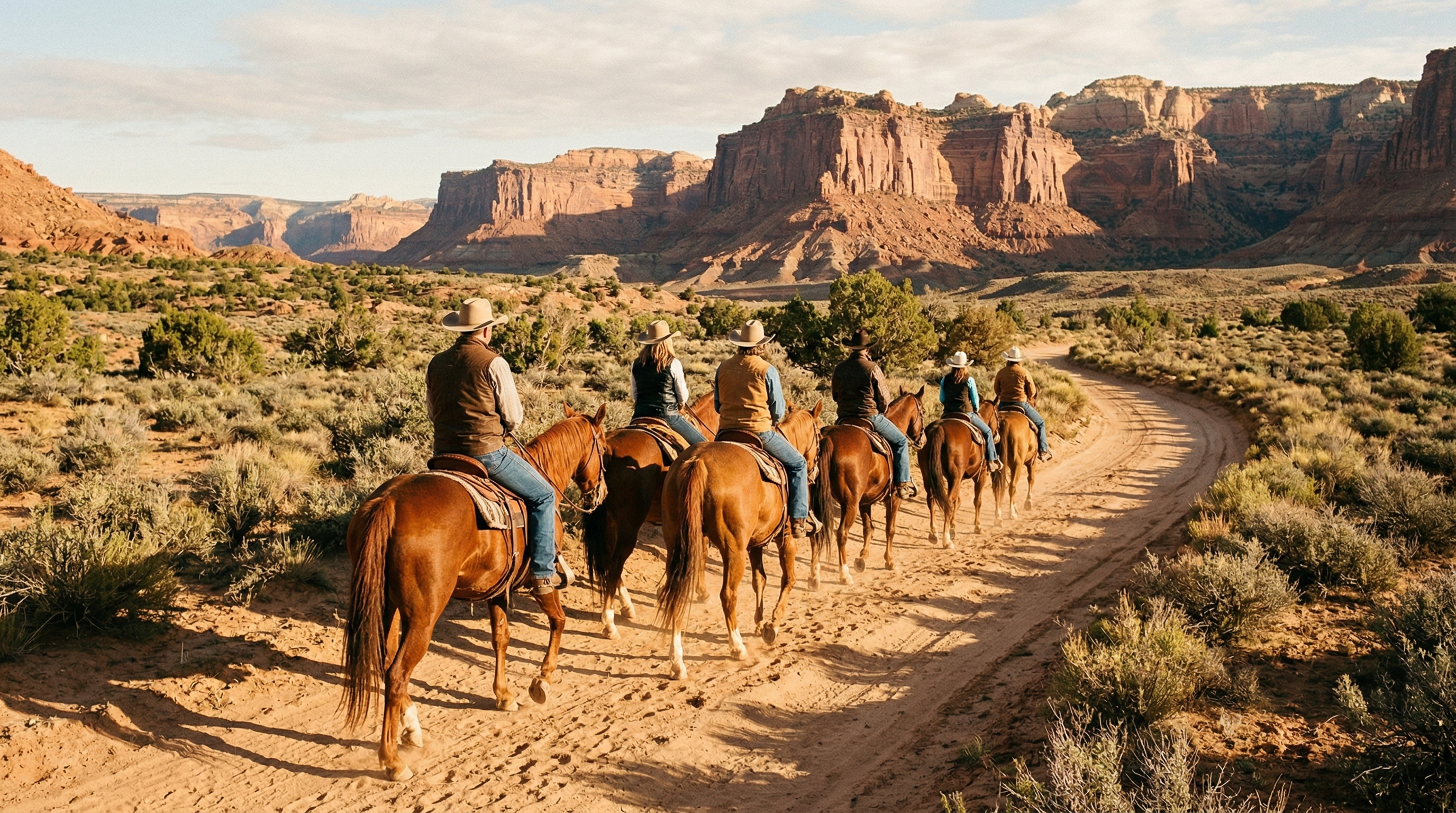Group of riders on horseback along a scenic desert canyon trail at golden morning light
