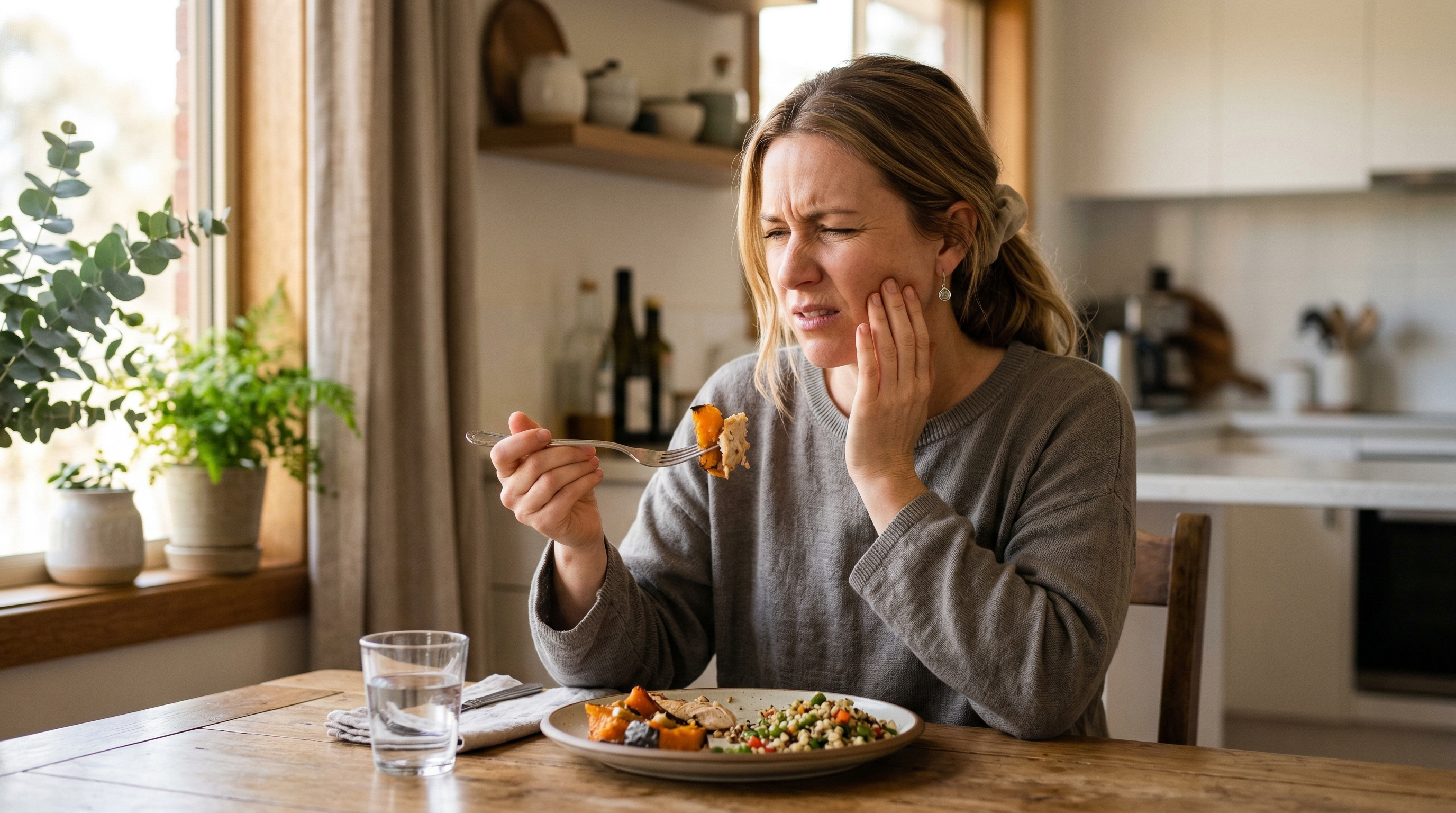 Woman experiencing tooth pain while eating at a dining table