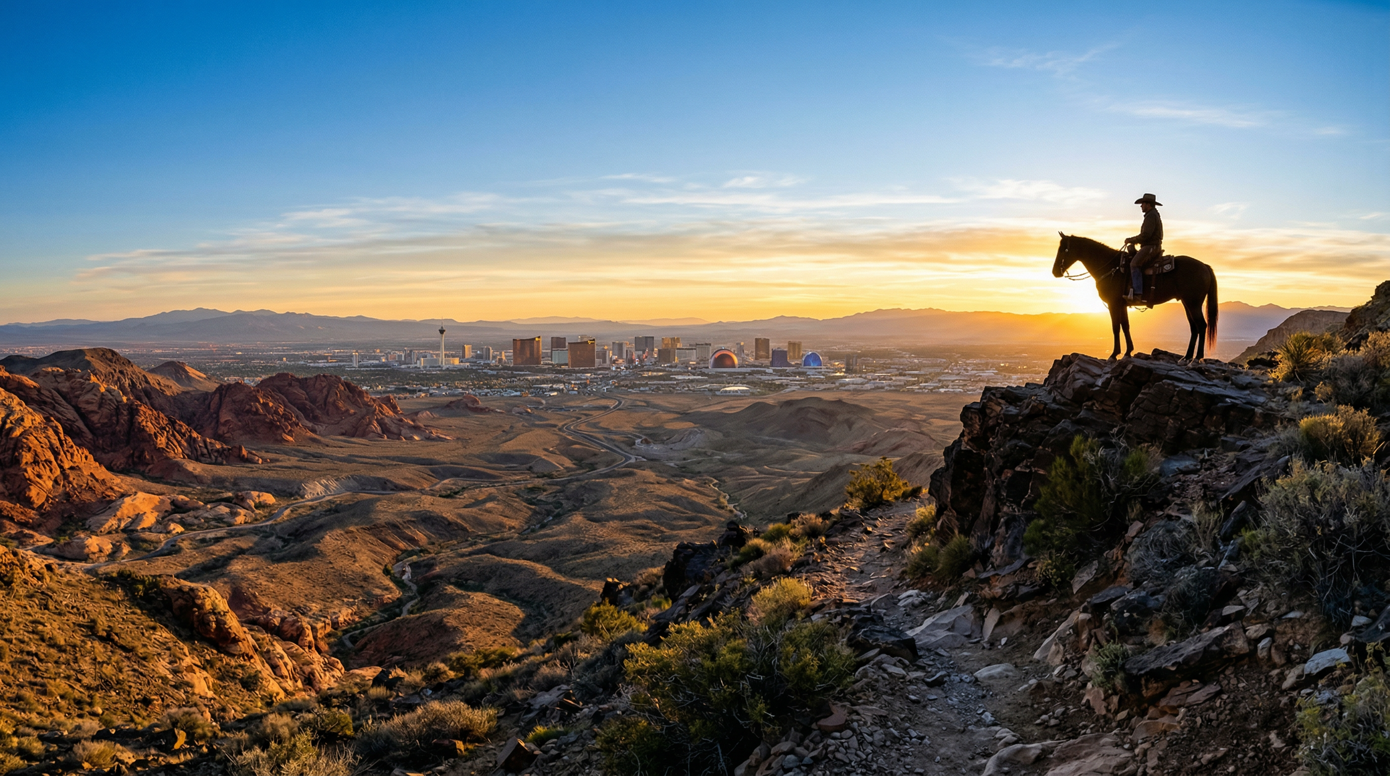 Rider on horseback overlooking Las Vegas skyline from desert mountain trail at sunrise