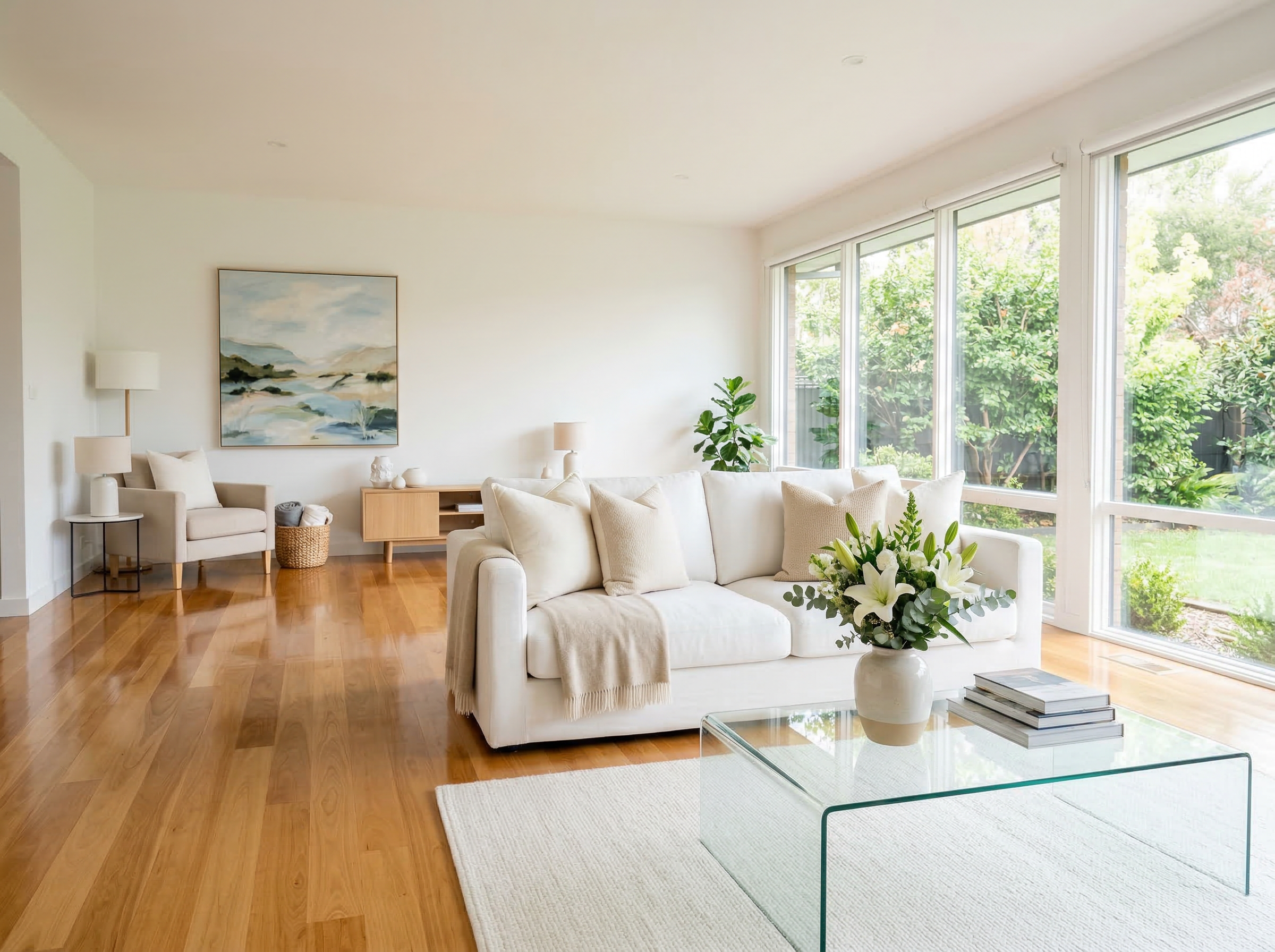 Spotless modern living room after professional cleaning