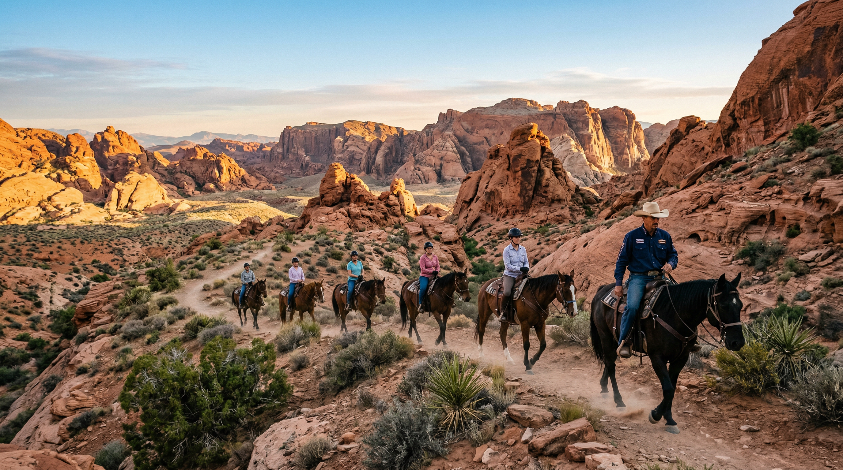 Group of riders on horseback along a desert trail at Rainbow Gardens near Las Vegas
