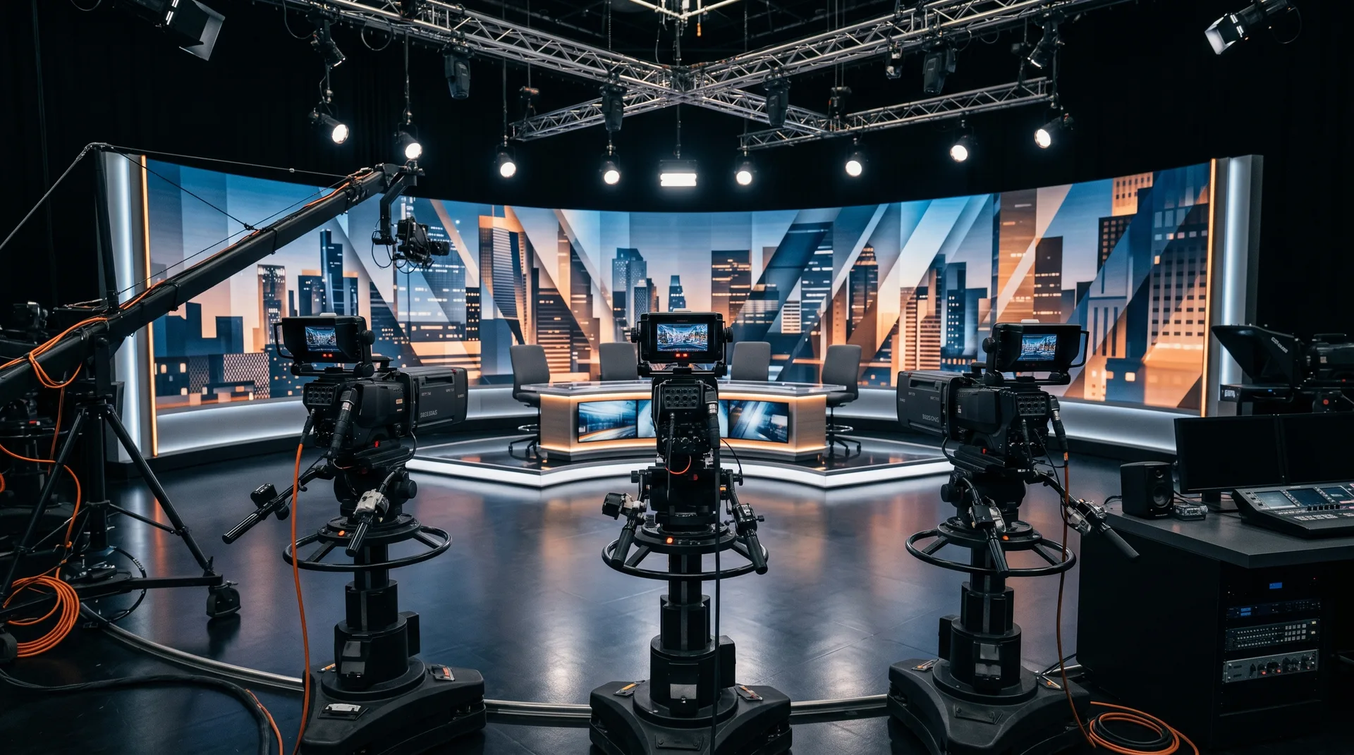Television broadcast news studio with cameras and anchor desk