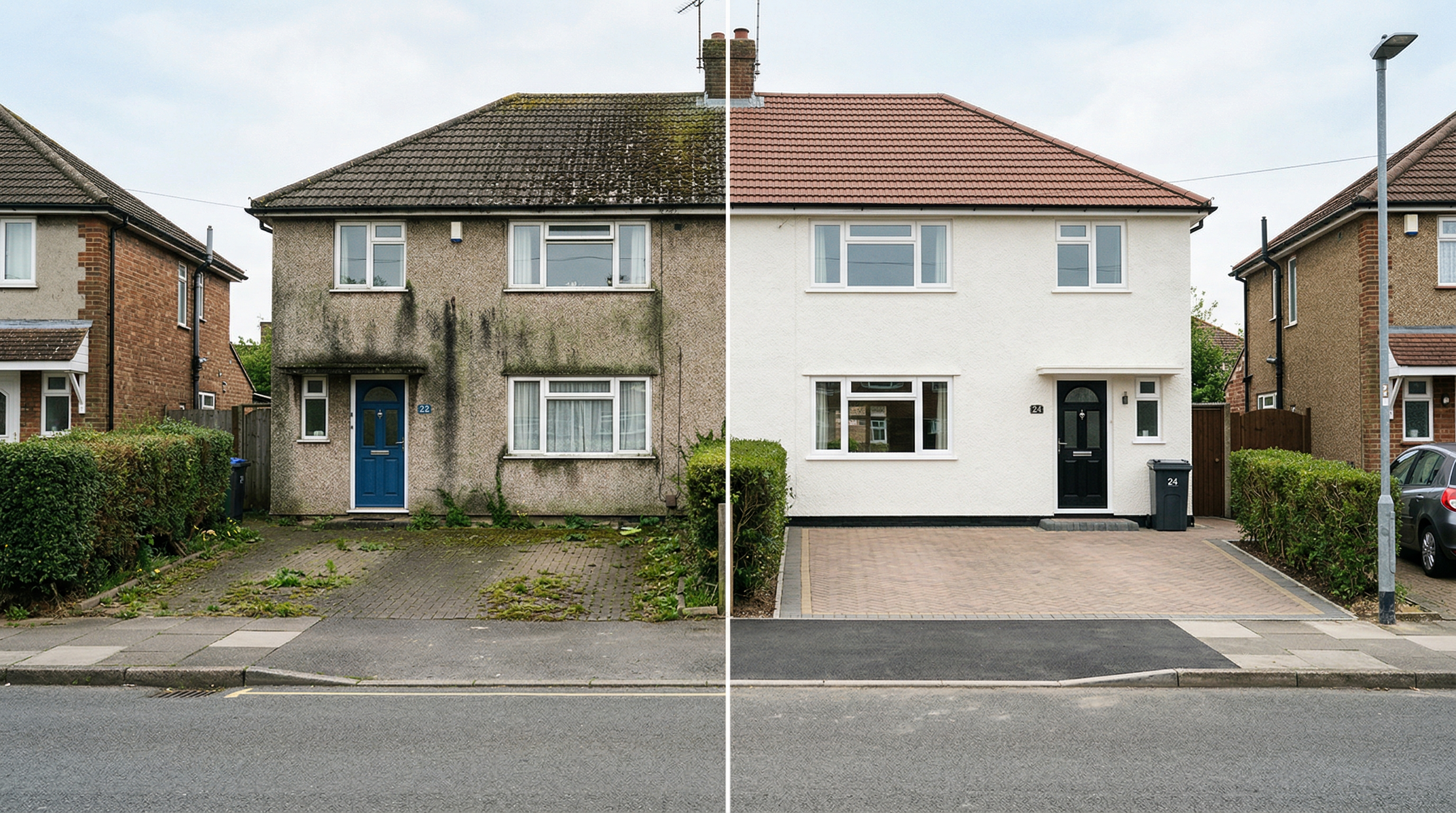 Before and after full property exterior clean — complete house exterior transformed in Coventry