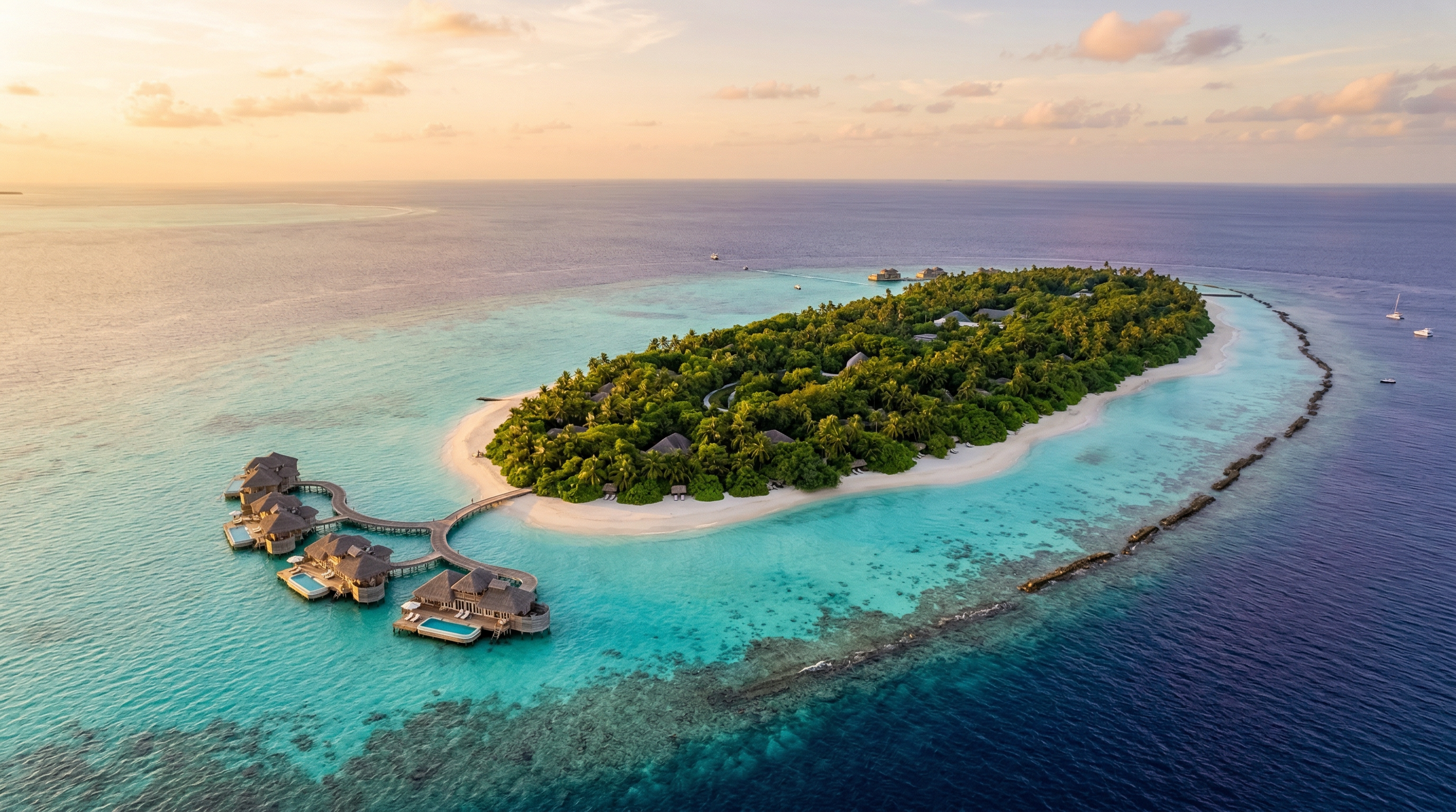 Aerial view of Soneva Fushi island resort in the Maldives at golden hour