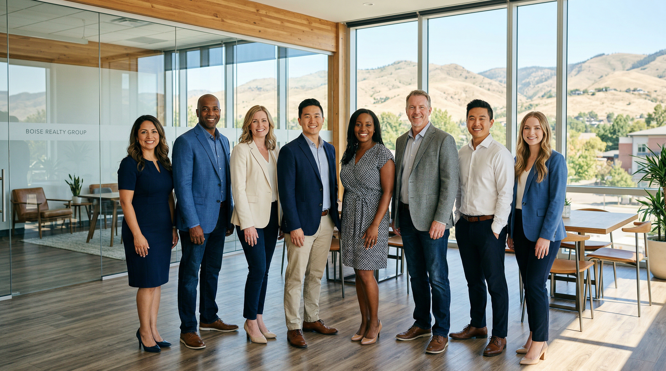 Silvercreek Realty Group Boise team of real estate professionals in modern office with Idaho foothills view
