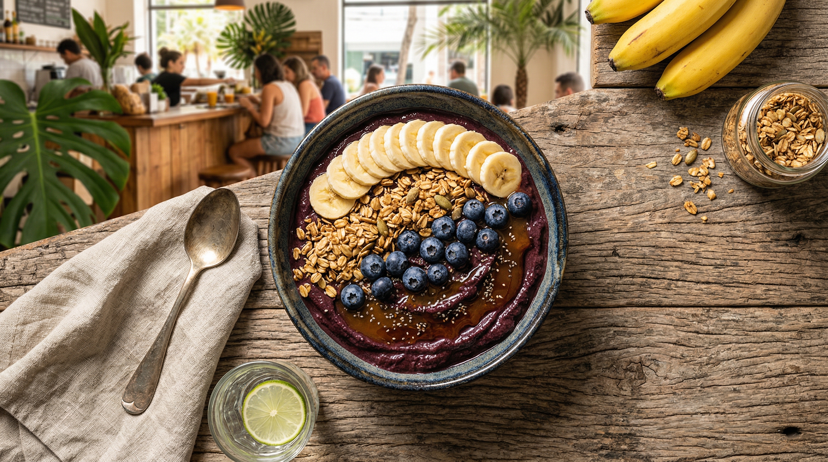 A dark purple acai bowl topped with banana slices, granola, and blueberries on a rustic wooden table in a Brazilian juice bar