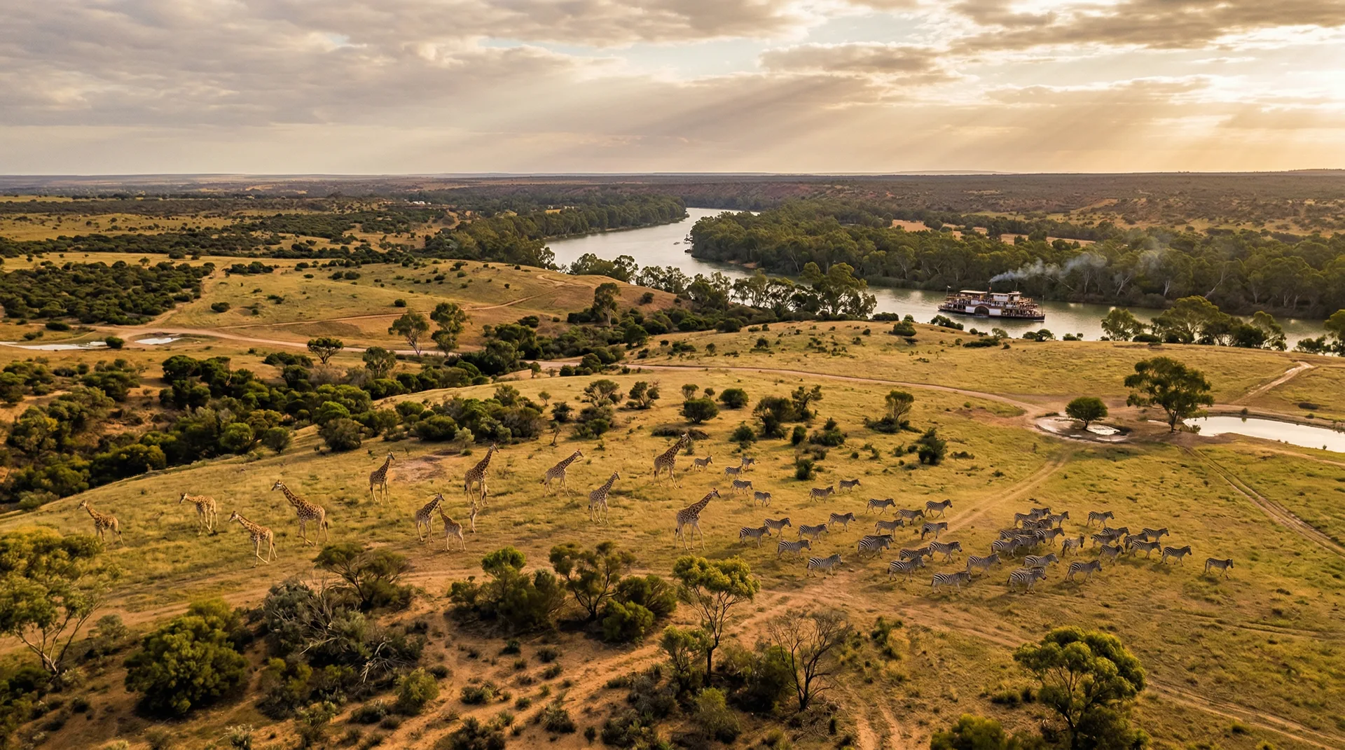 Aerial view of Monarto Safari Park with giraffes, zebras and the River Murray with a paddle boat