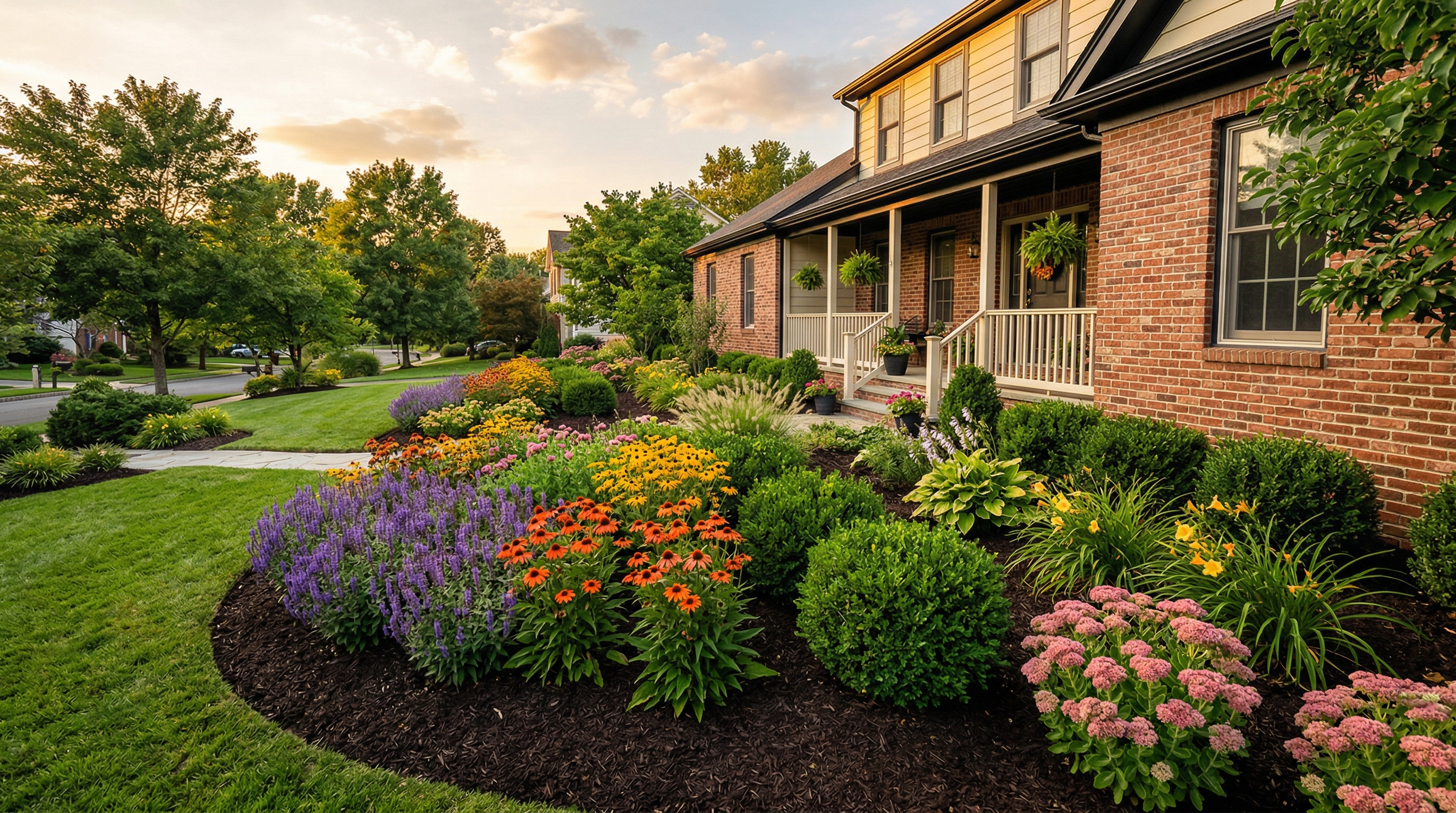Beautifully maintained garden bed with colorful flowers and dark mulch at a residential property