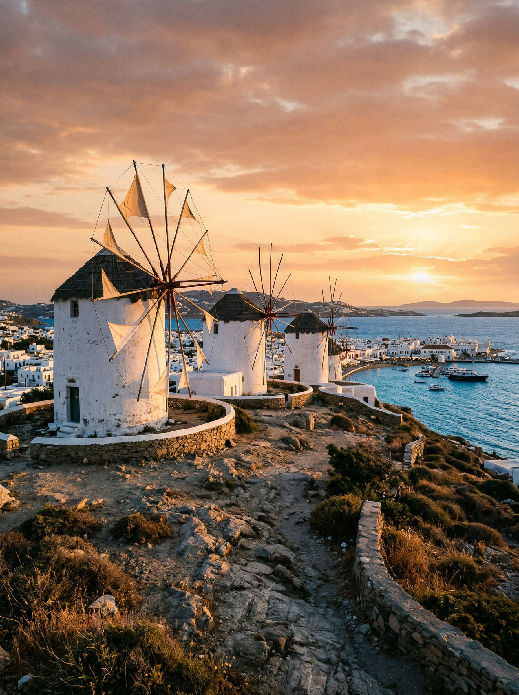 Mykonos windmills silhouetted against a dramatic orange and pink sunset sky, overlooking the harbour